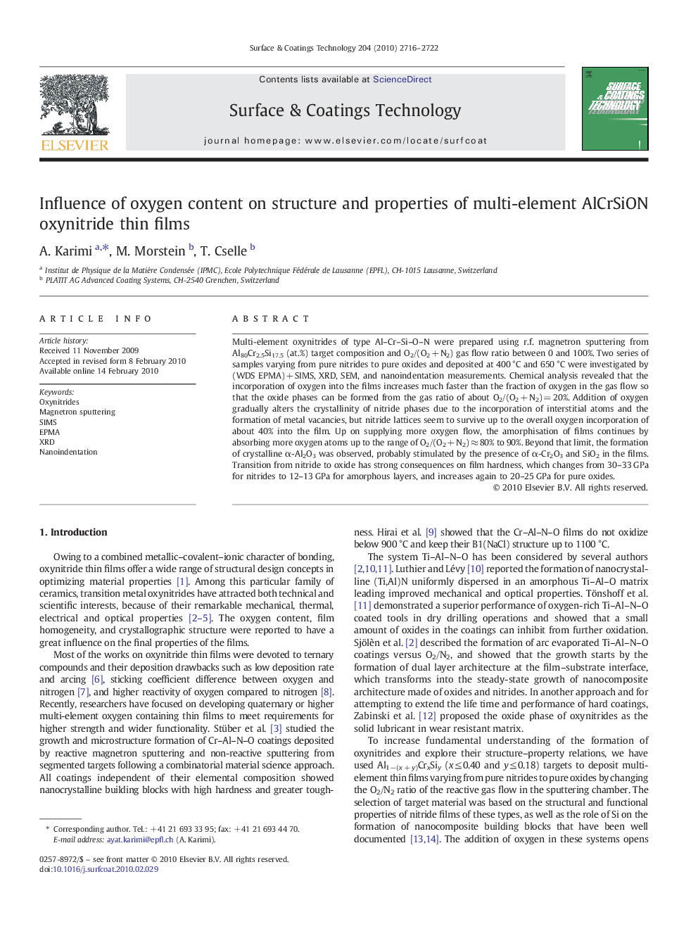 Influence of oxygen content on structure and properties of multi-element AlCrSiON oxynitride thin films