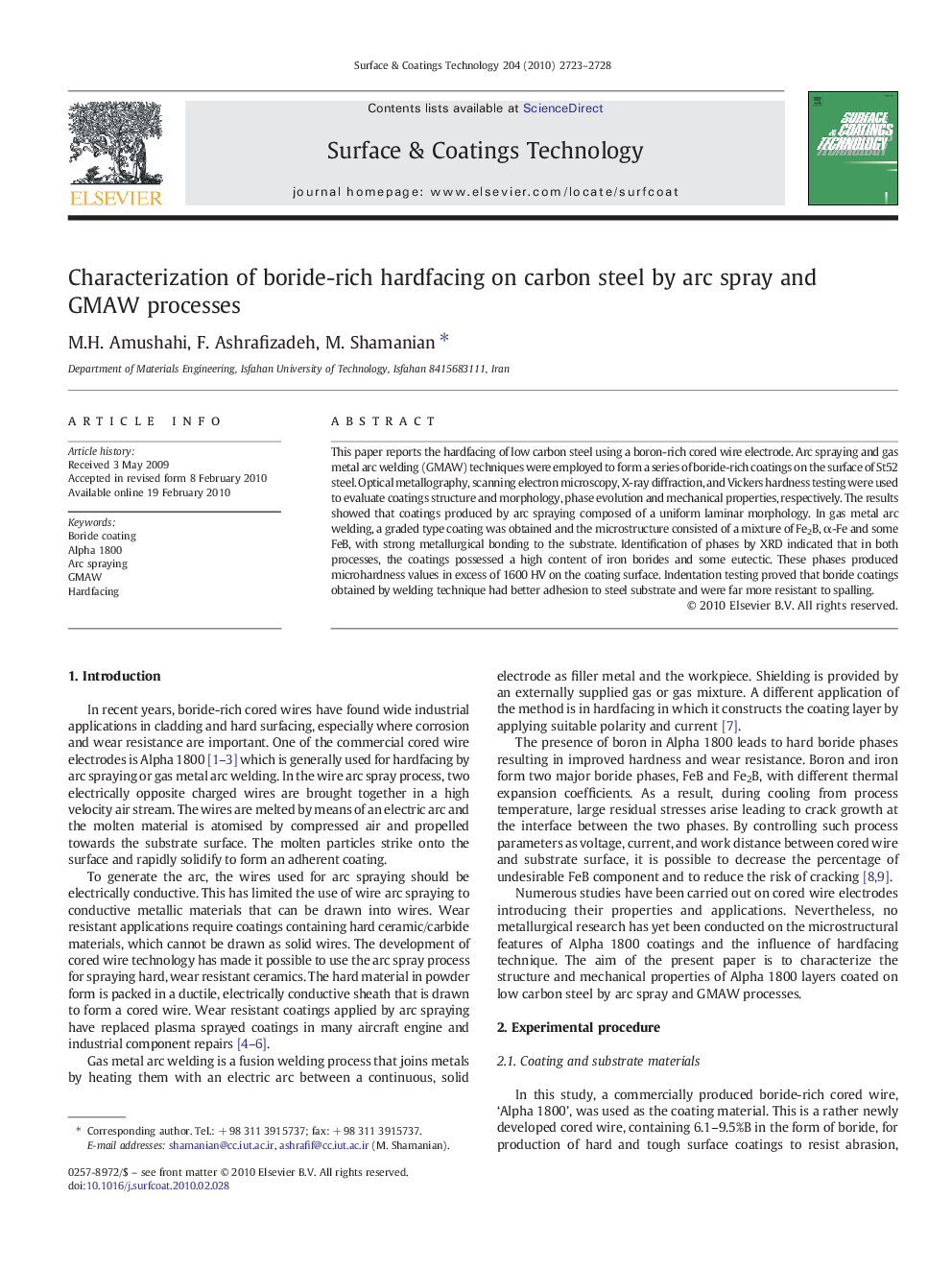 Characterization of boride-rich hardfacing on carbon steel by arc spray and GMAW processes