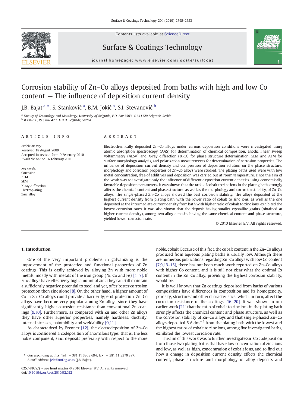 Corrosion stability of Zn–Co alloys deposited from baths with high and low Co content — The influence of deposition current density