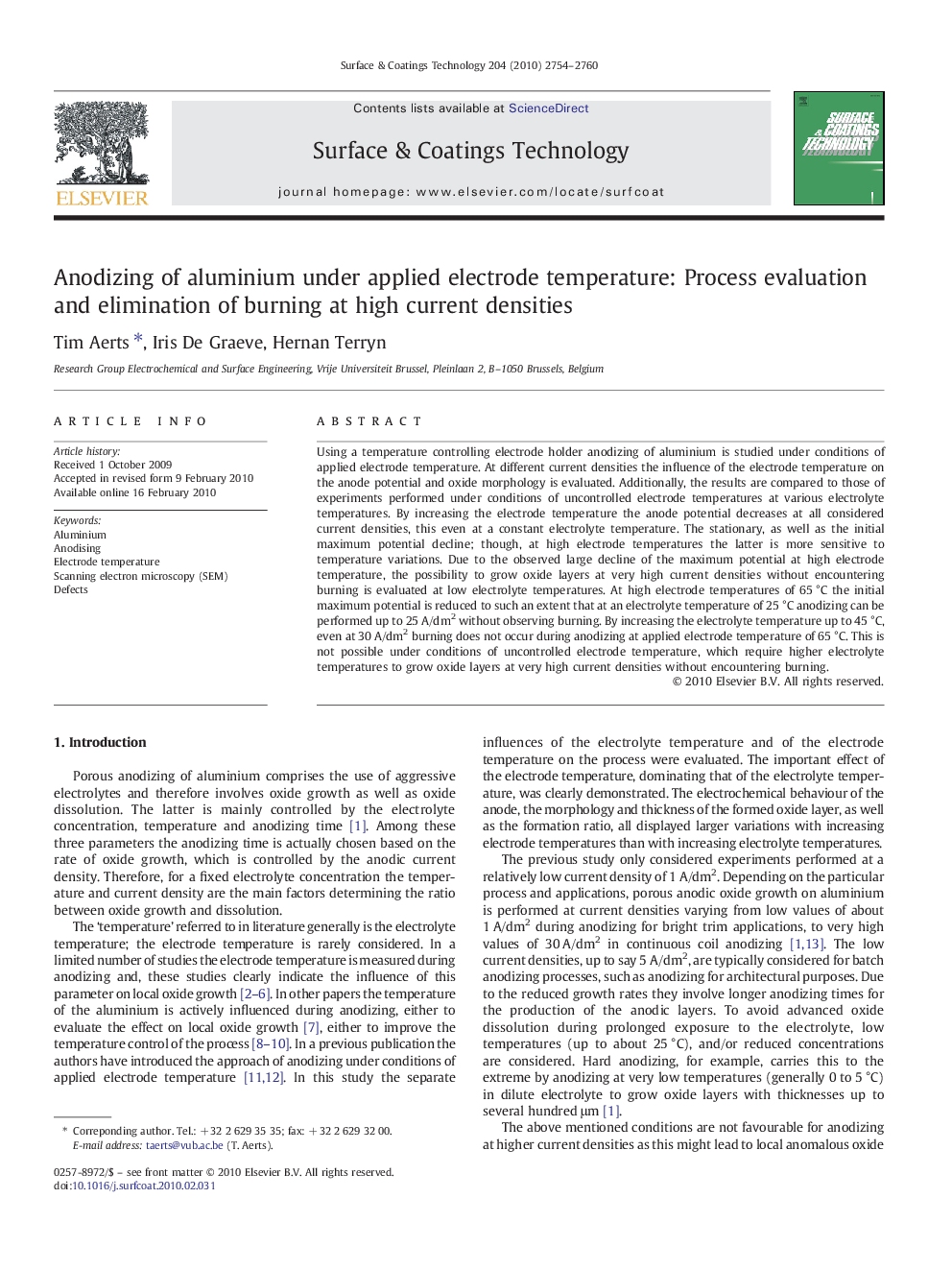 Anodizing of aluminium under applied electrode temperature: Process evaluation and elimination of burning at high current densities