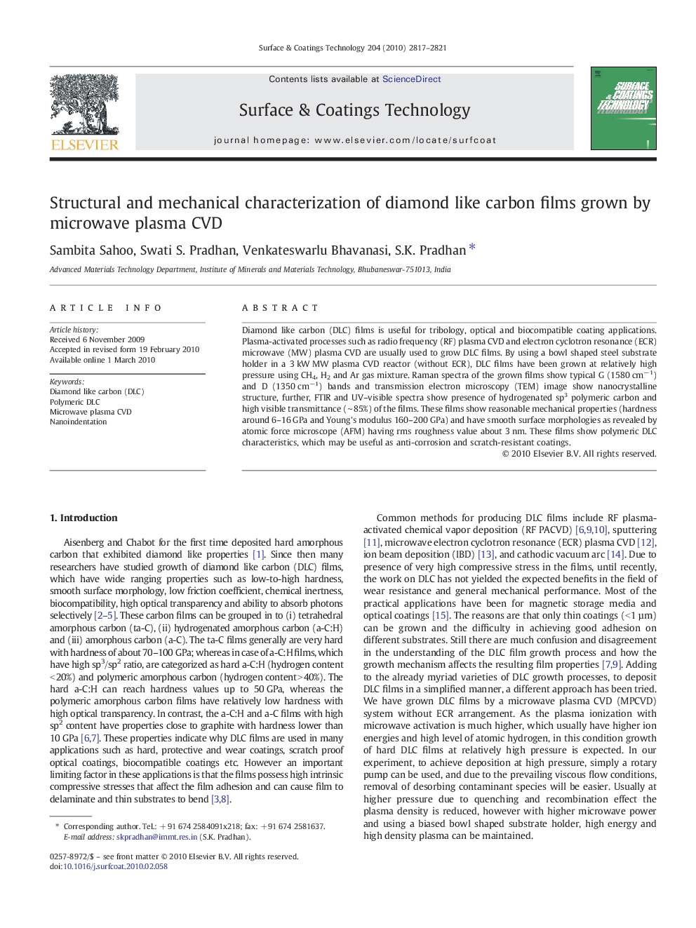 Structural and mechanical characterization of diamond like carbon films grown by microwave plasma CVD