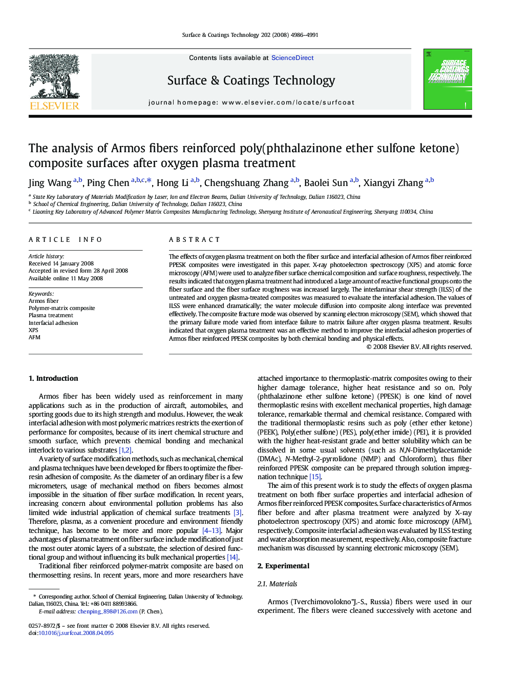 The analysis of Armos fibers reinforced poly(phthalazinone ether sulfone ketone) composite surfaces after oxygen plasma treatment