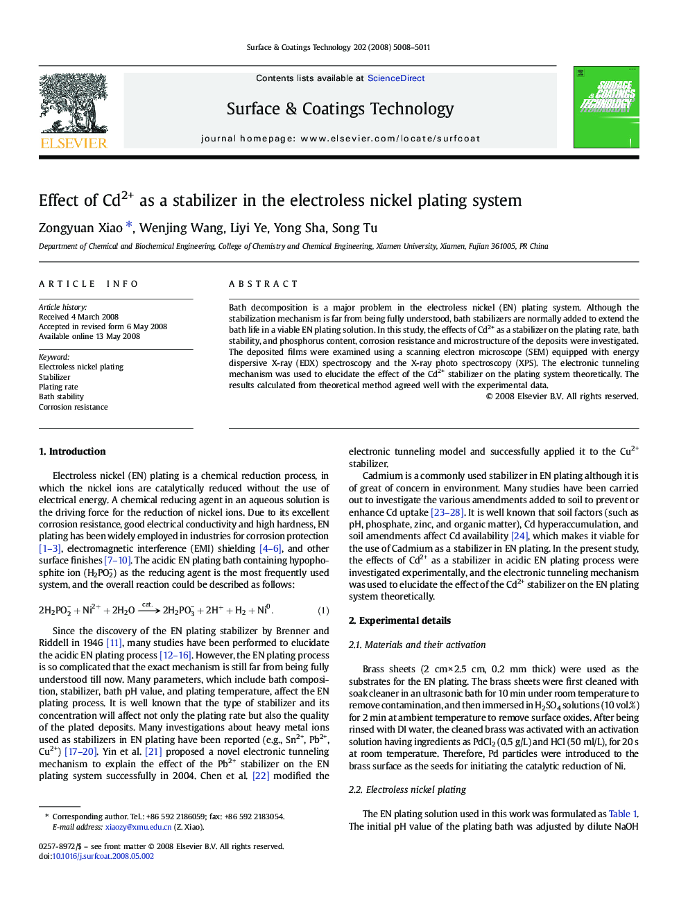 Effect of Cd2+ as a stabilizer in the electroless nickel plating system