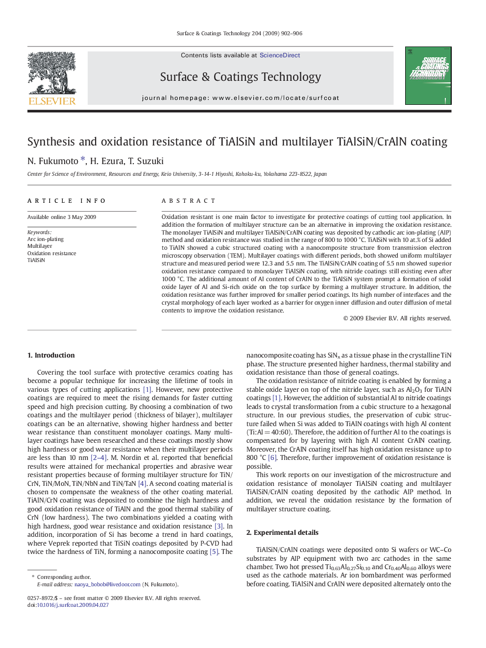 Synthesis and oxidation resistance of TiAlSiN and multilayer TiAlSiN/CrAlN coating