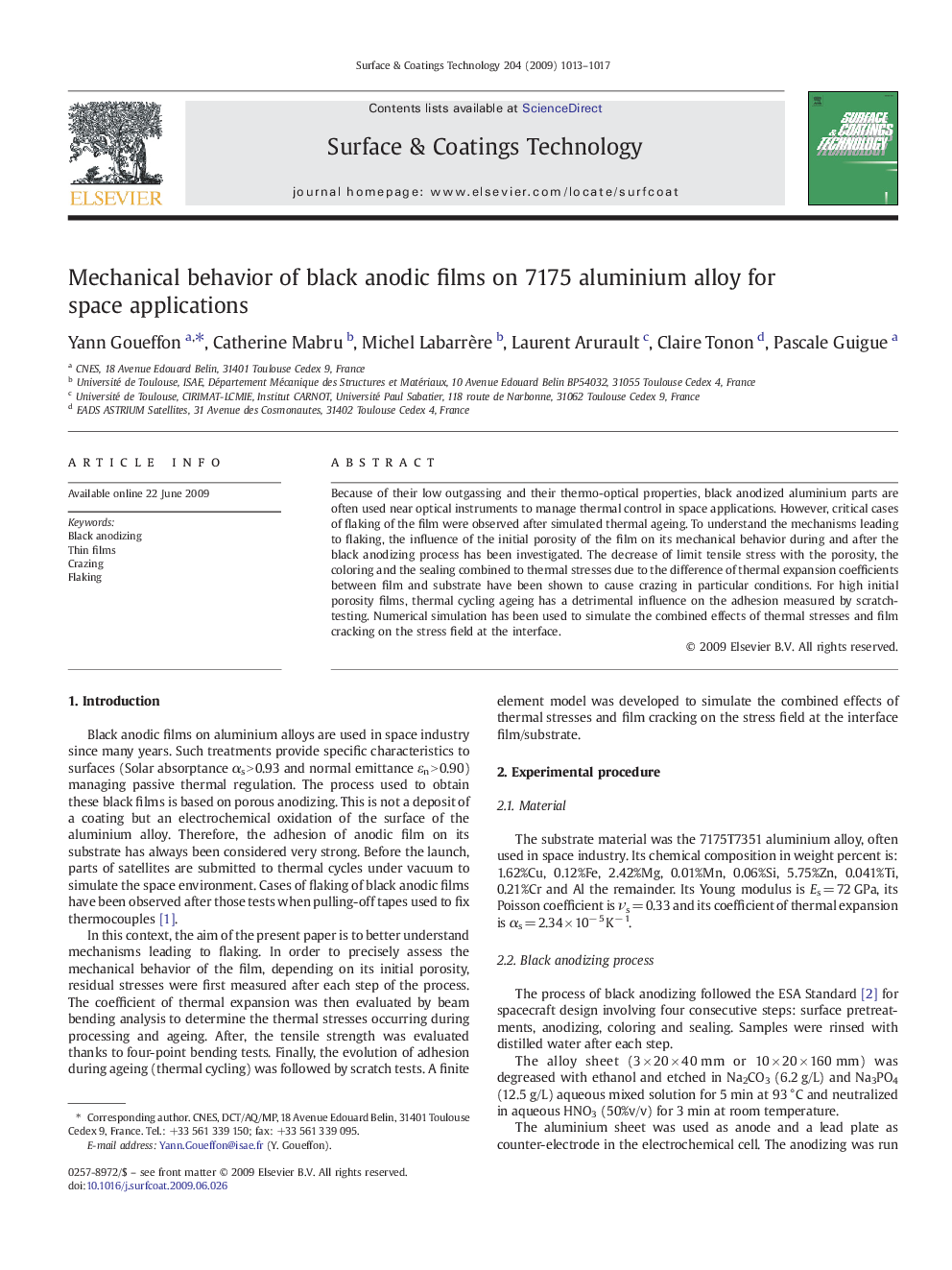 Mechanical behavior of black anodic films on 7175 aluminium alloy for space applications