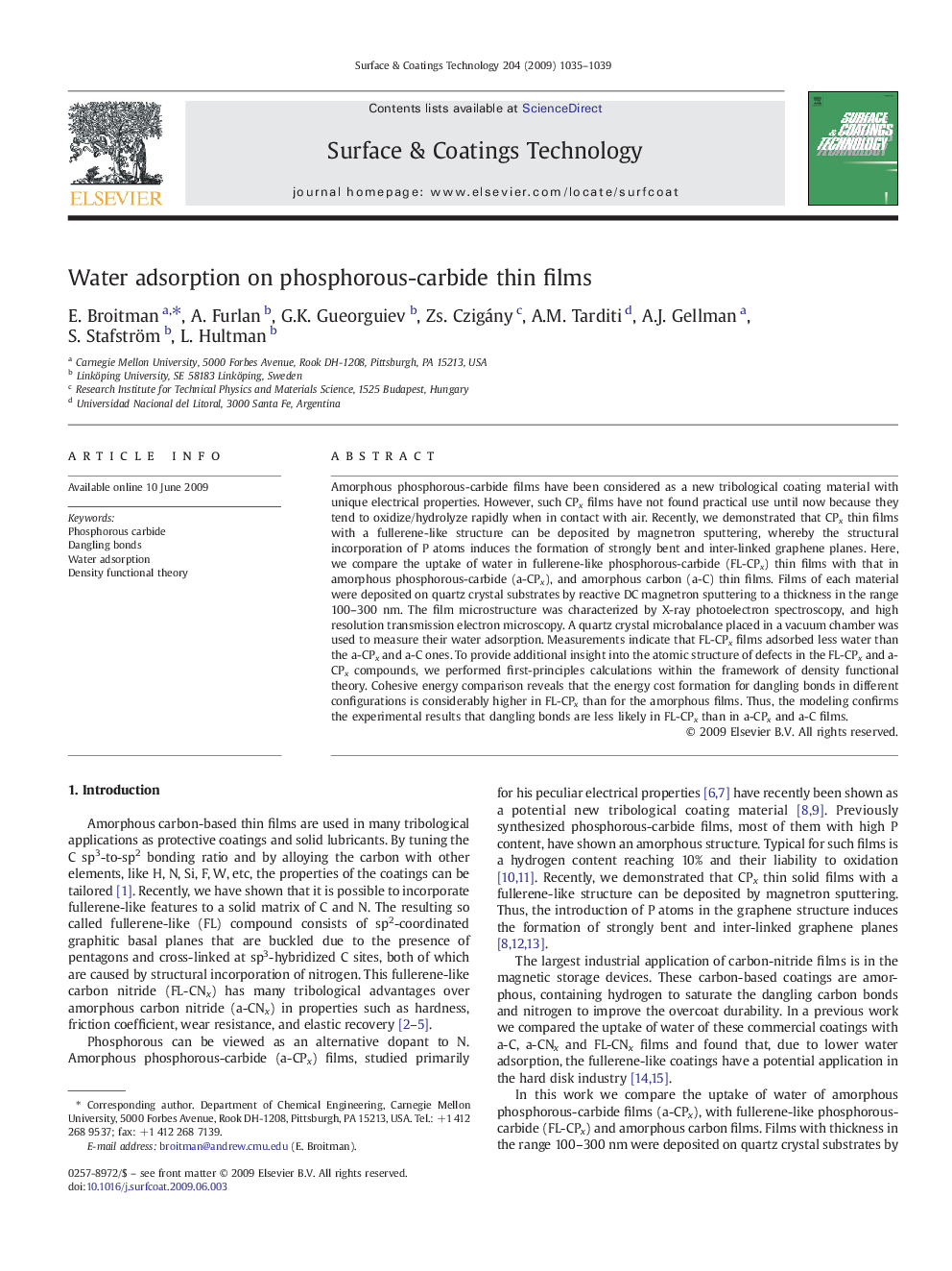 Water adsorption on phosphorous-carbide thin films