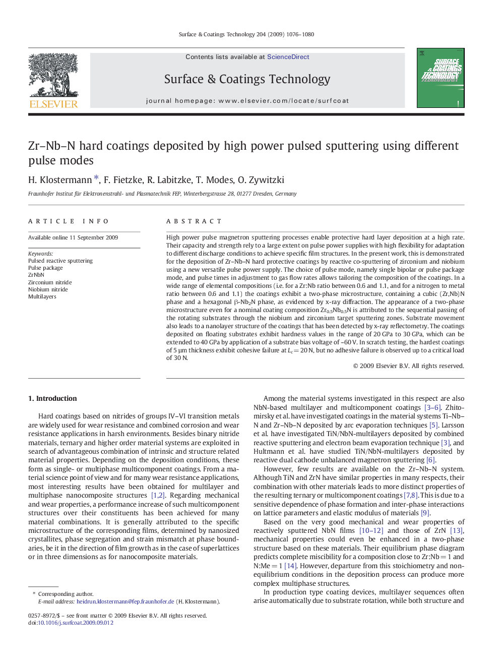 Zr-Nb-N hard coatings deposited by high power pulsed sputtering using different pulse modes