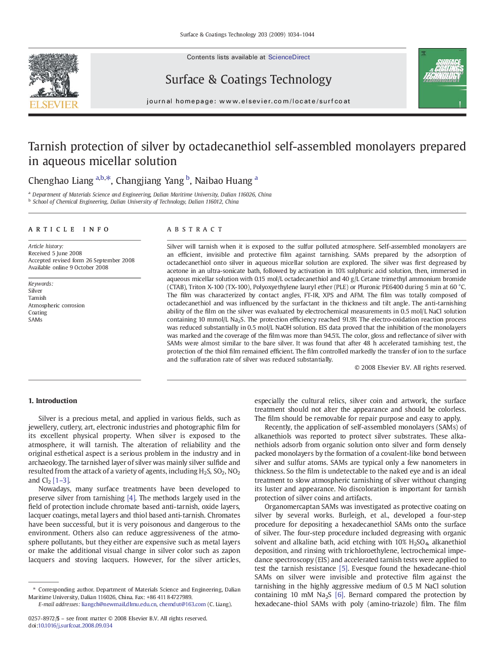 Tarnish protection of silver by octadecanethiol self-assembled monolayers prepared in aqueous micellar solution