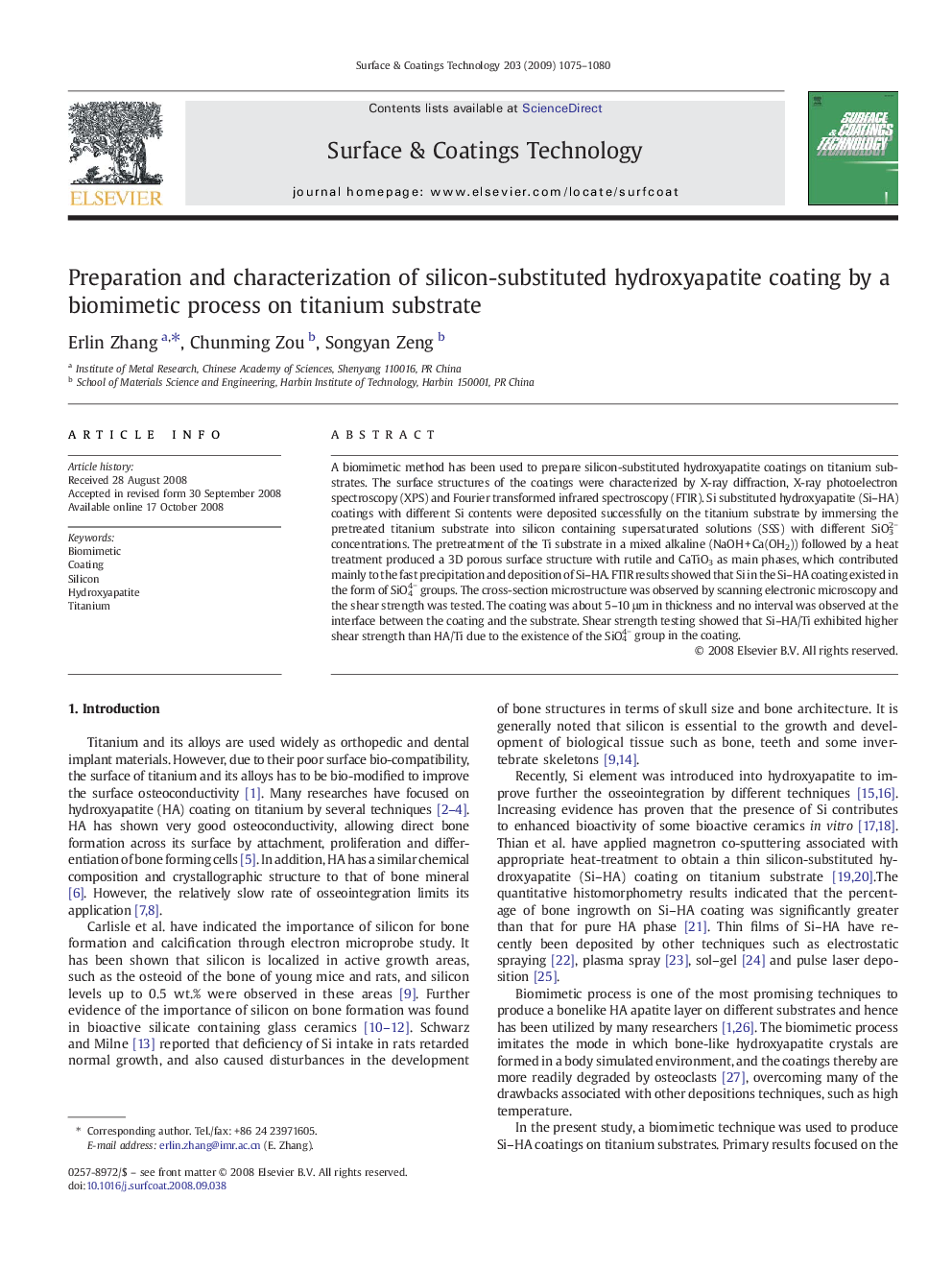 Preparation and characterization of silicon-substituted hydroxyapatite coating by a biomimetic process on titanium substrate