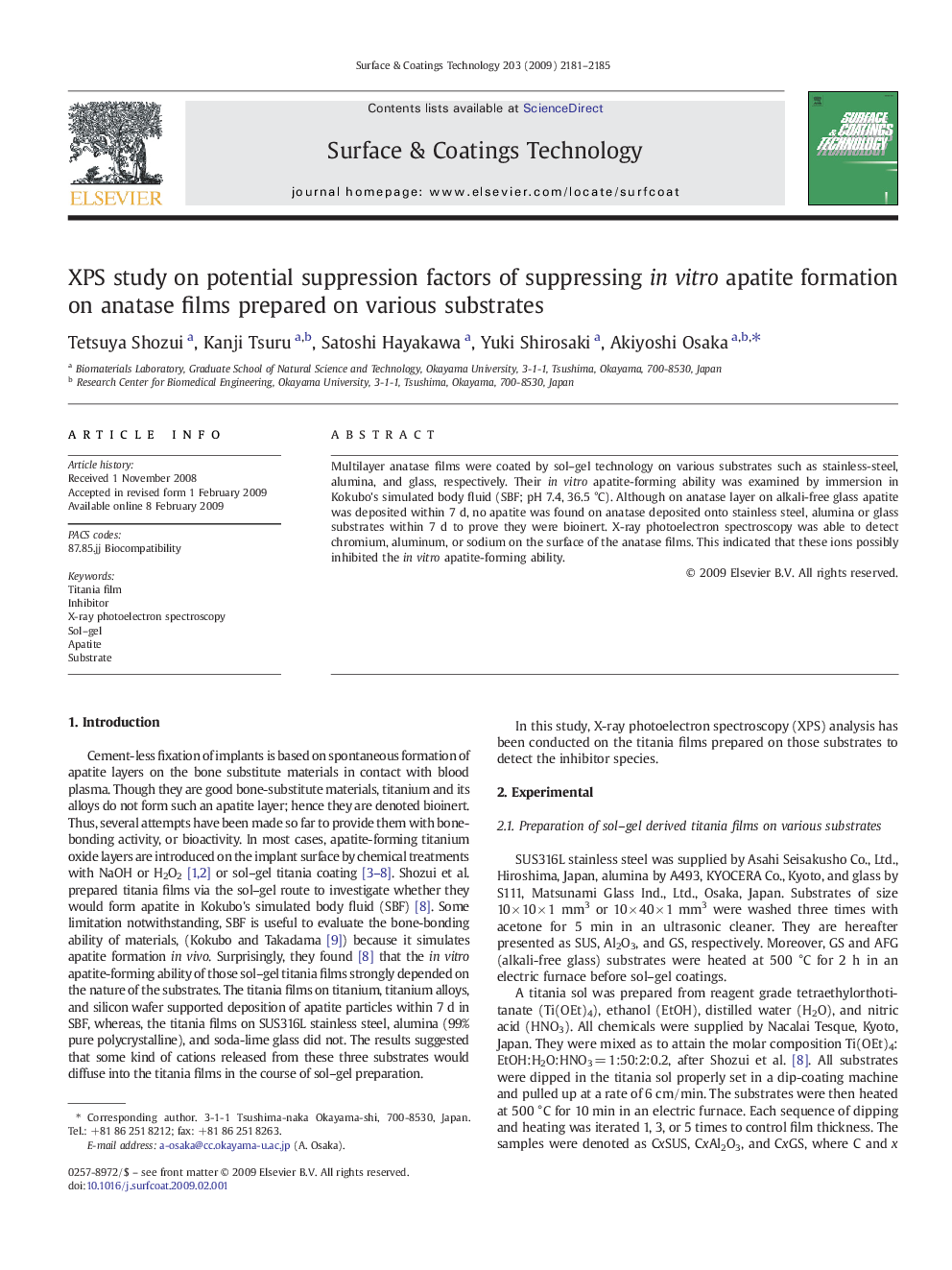 XPS study on potential suppression factors of suppressing in vitro apatite formation on anatase films prepared on various substrates