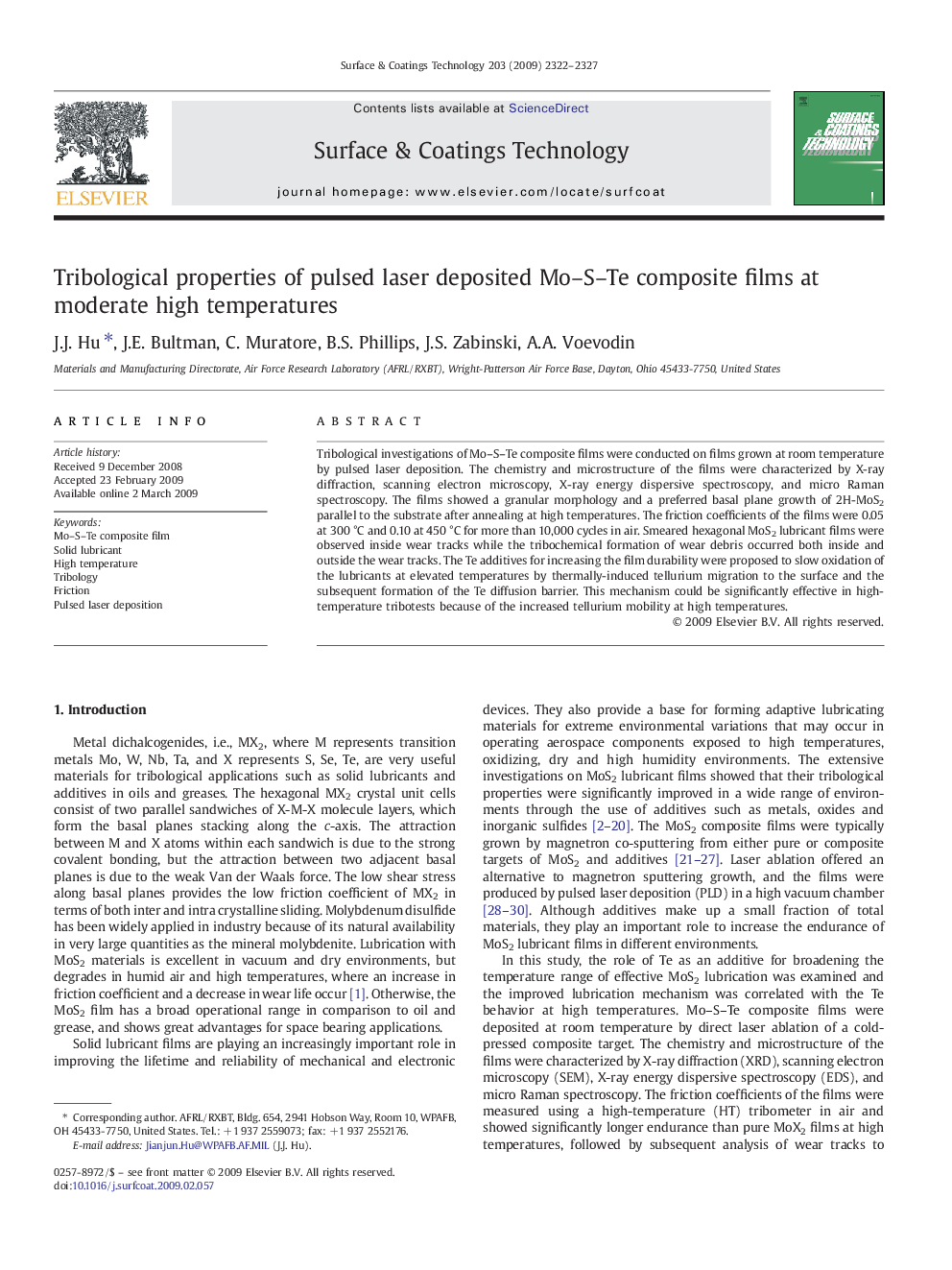 Tribological properties of pulsed laser deposited Mo-S-Te composite films at moderate high temperatures