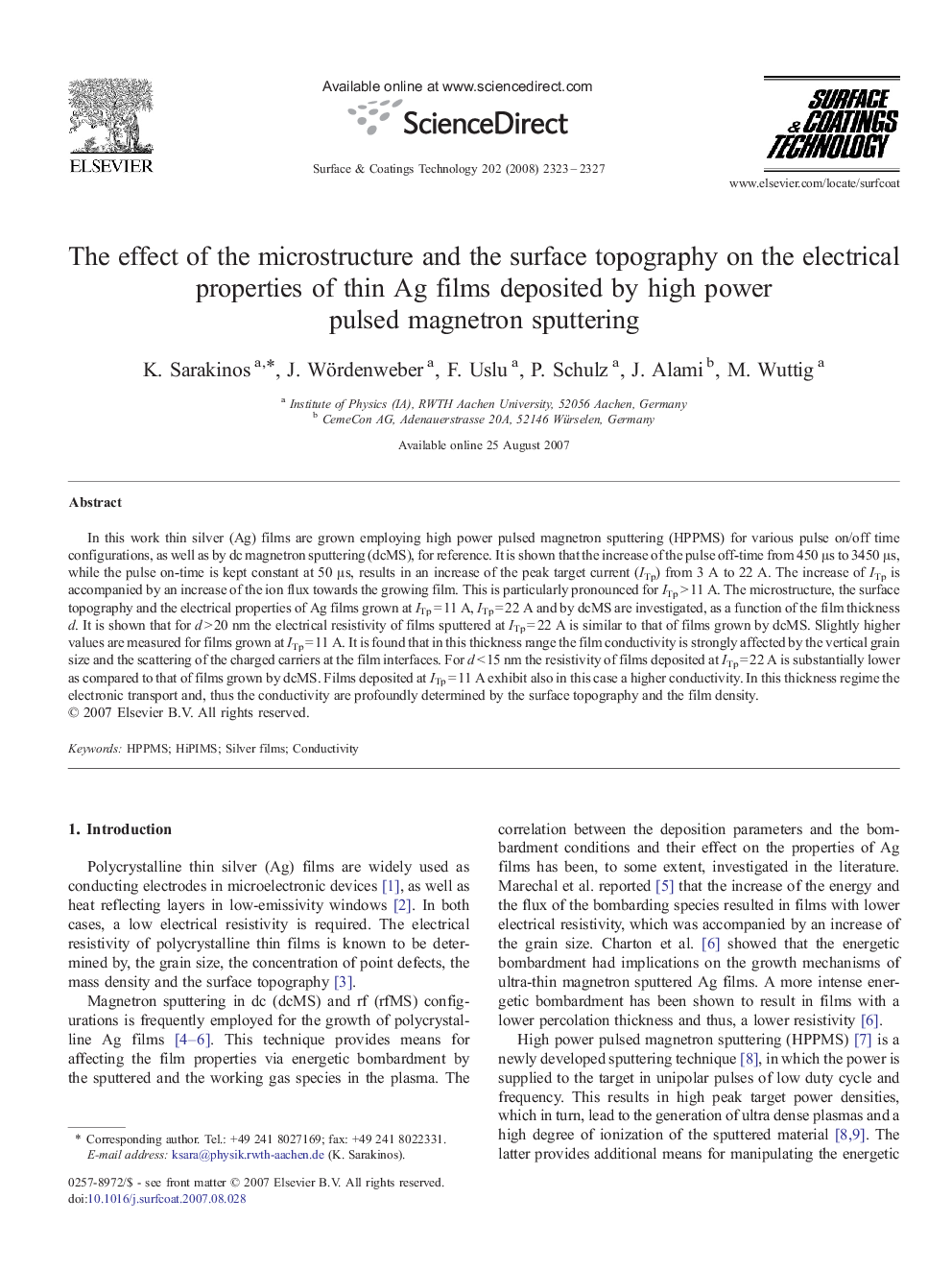 The effect of the microstructure and the surface topography on the electrical properties of thin Ag films deposited by high power pulsed magnetron sputtering