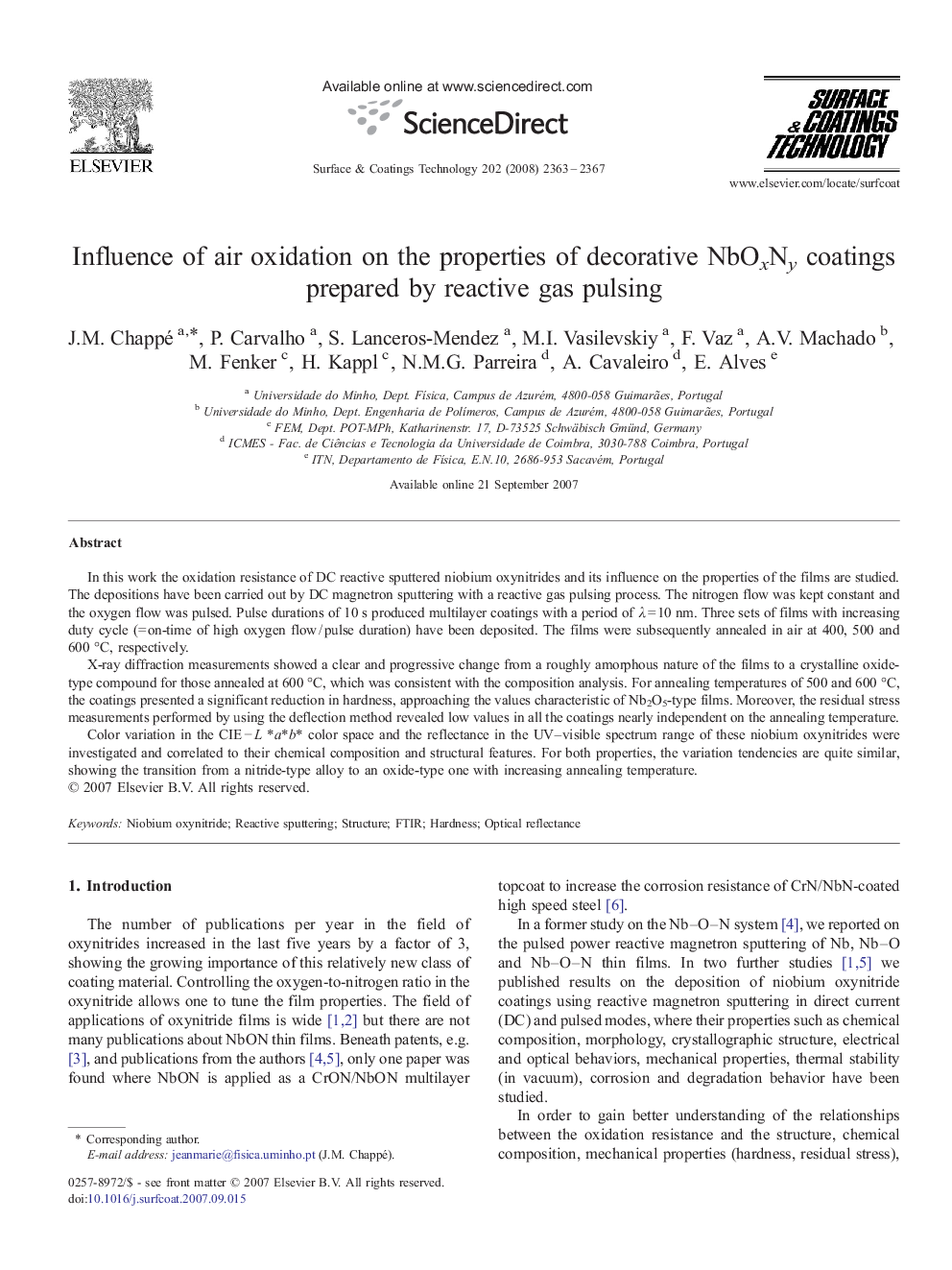 Influence of air oxidation on the properties of decorative NbOxNy coatings prepared by reactive gas pulsing