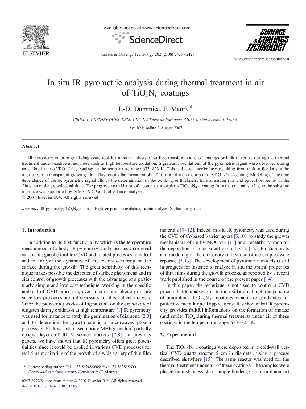 In situ IR pyrometric analysis during thermal treatment in air of TiOxNy coatings