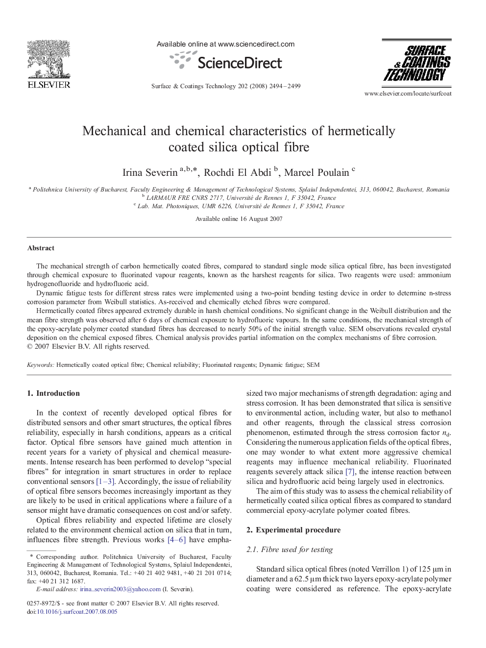 Mechanical and chemical characteristics of hermetically coated silica optical fibre