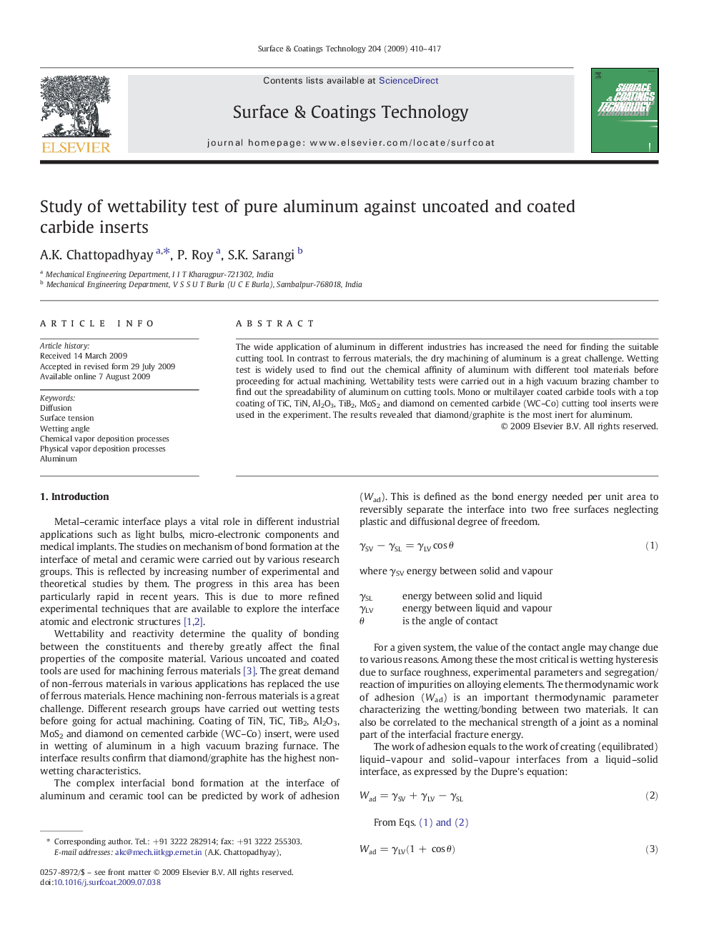 Study of wettability test of pure aluminum against uncoated and coated carbide inserts