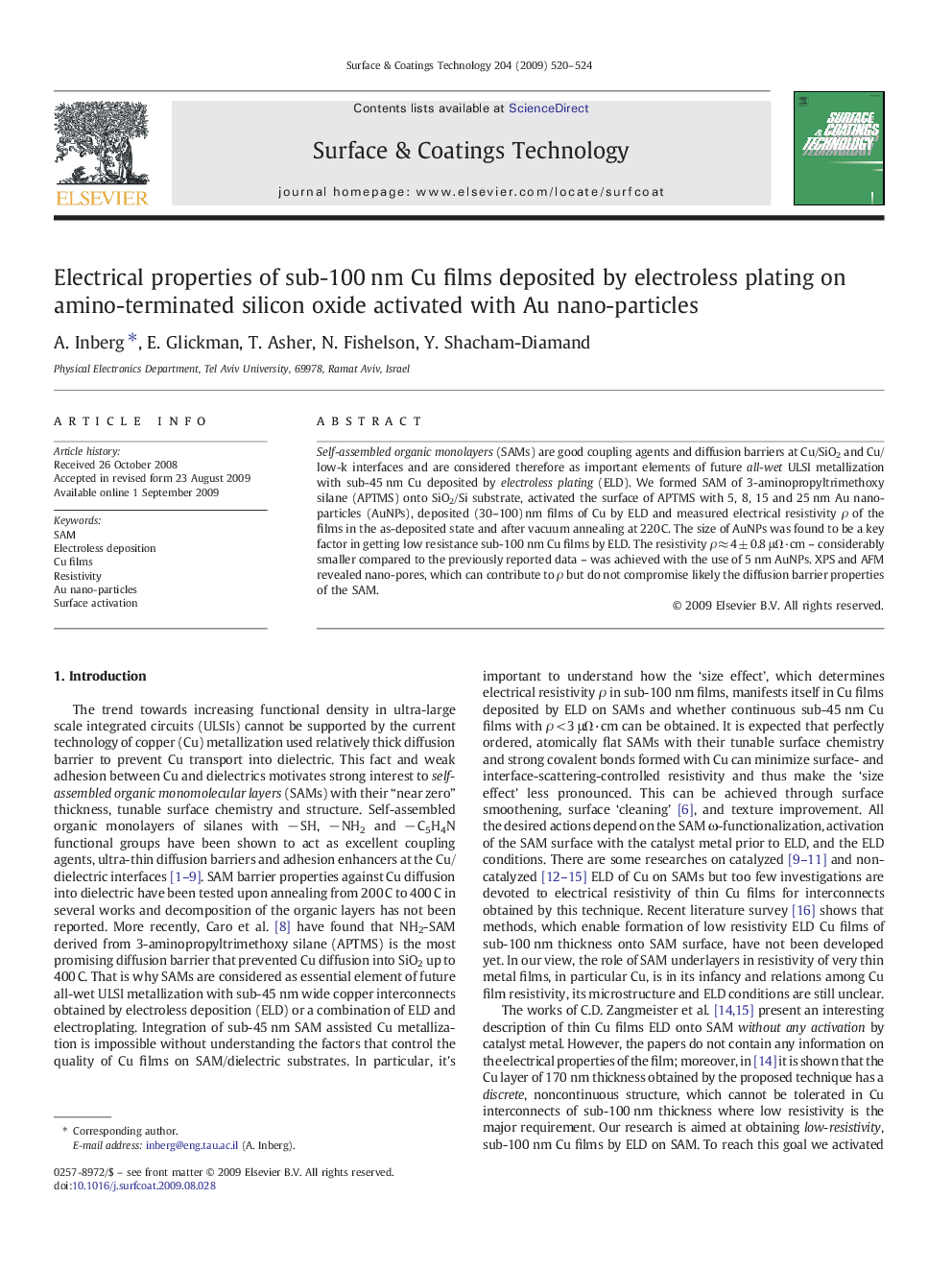 Electrical properties of sub-100 nm Cu films deposited by electroless plating on amino-terminated silicon oxide activated with Au nano-particles