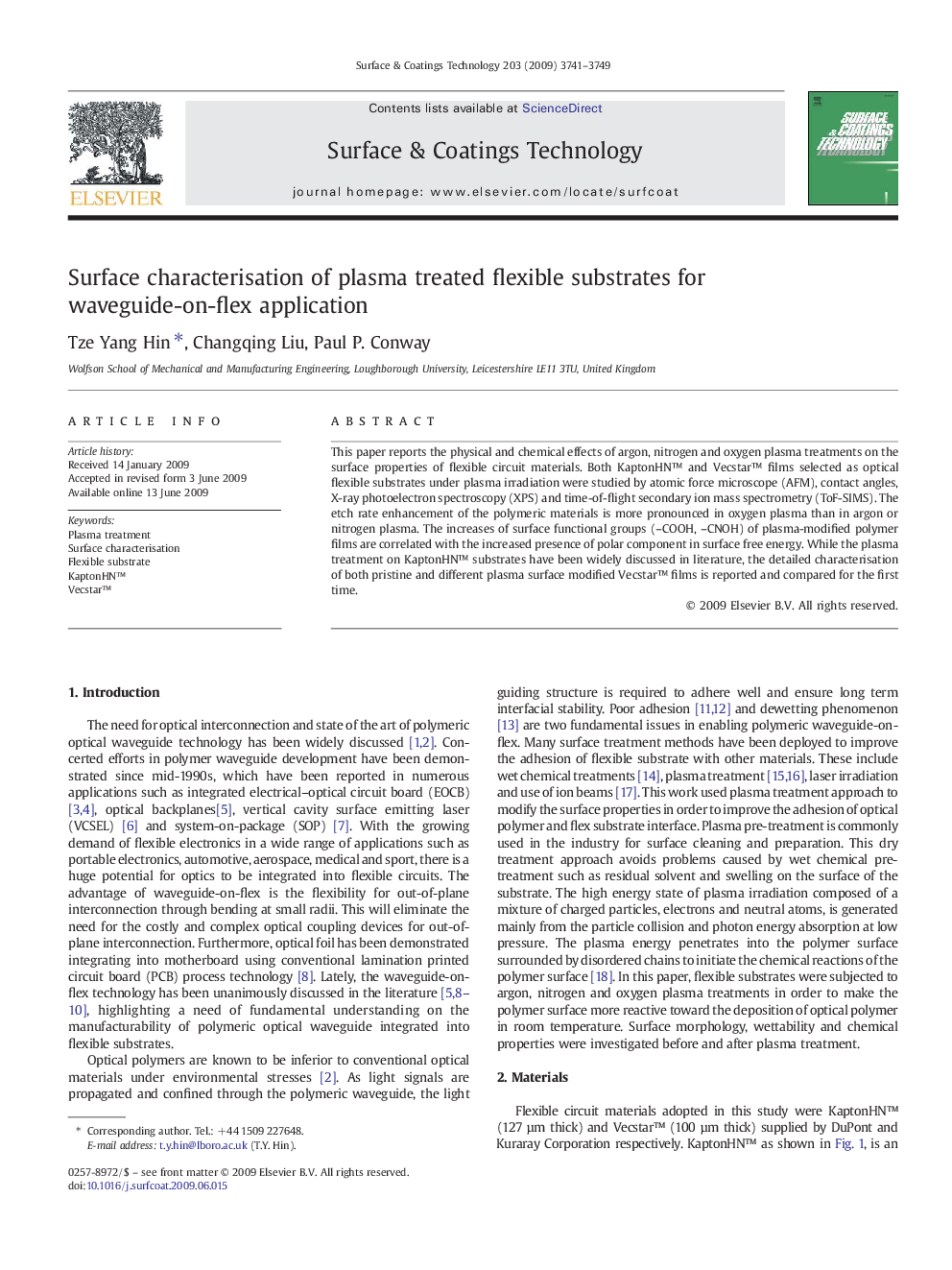 Surface characterisation of plasma treated flexible substrates for waveguide-on-flex application