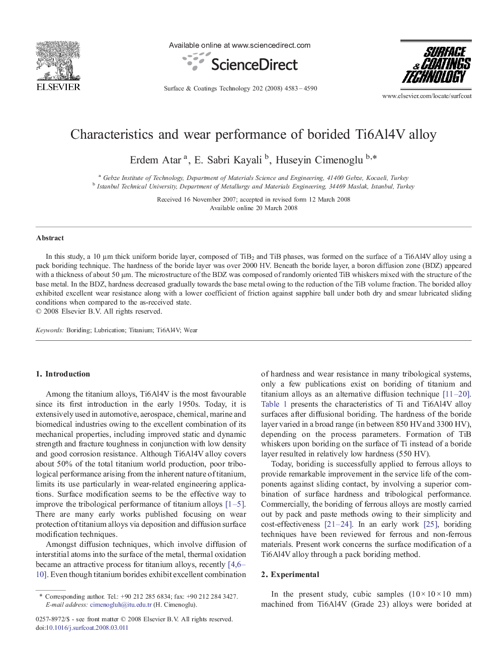 Characteristics and wear performance of borided Ti6Al4V alloy