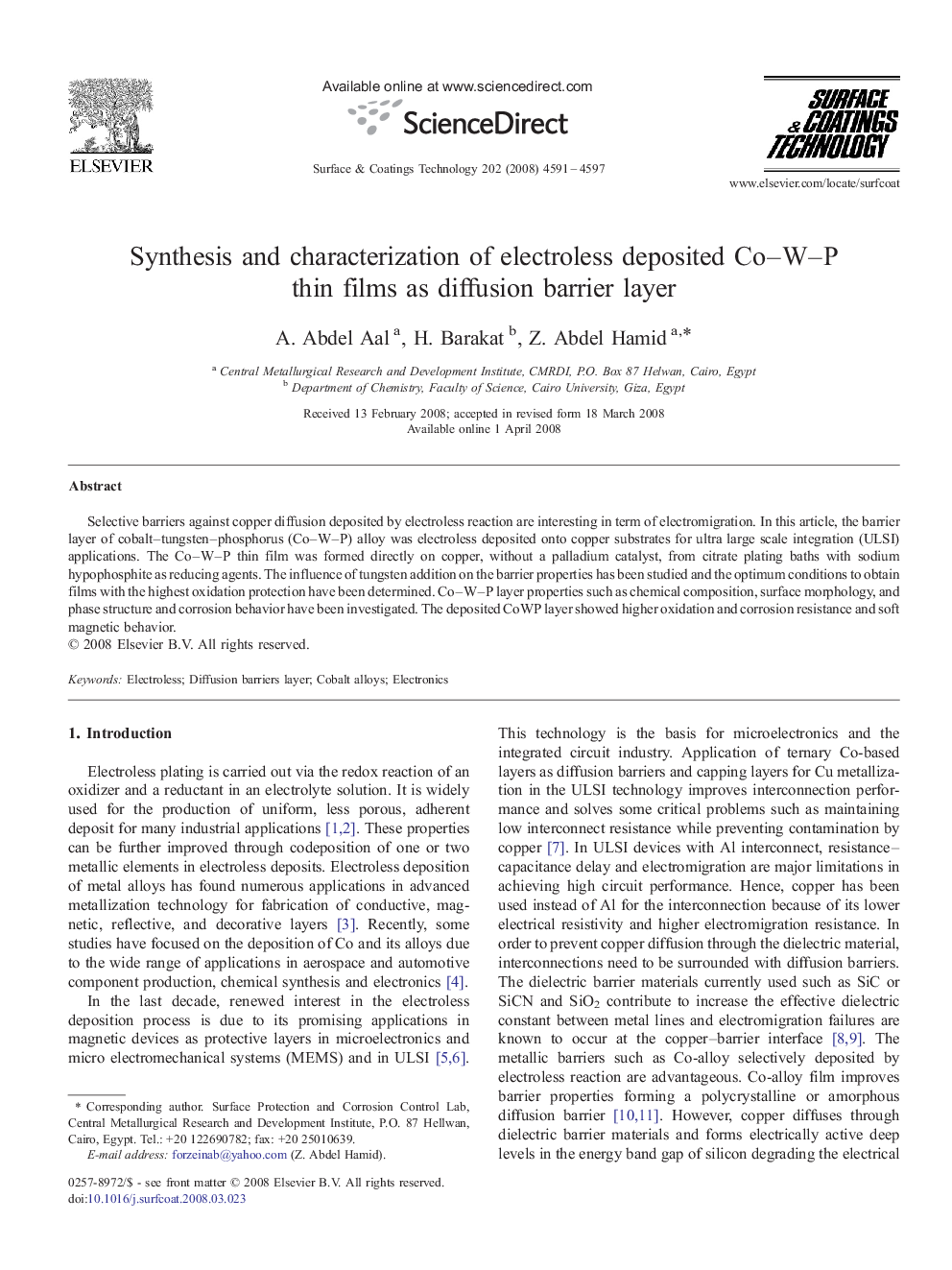 Synthesis and characterization of electroless deposited Co–W–P thin films as diffusion barrier layer