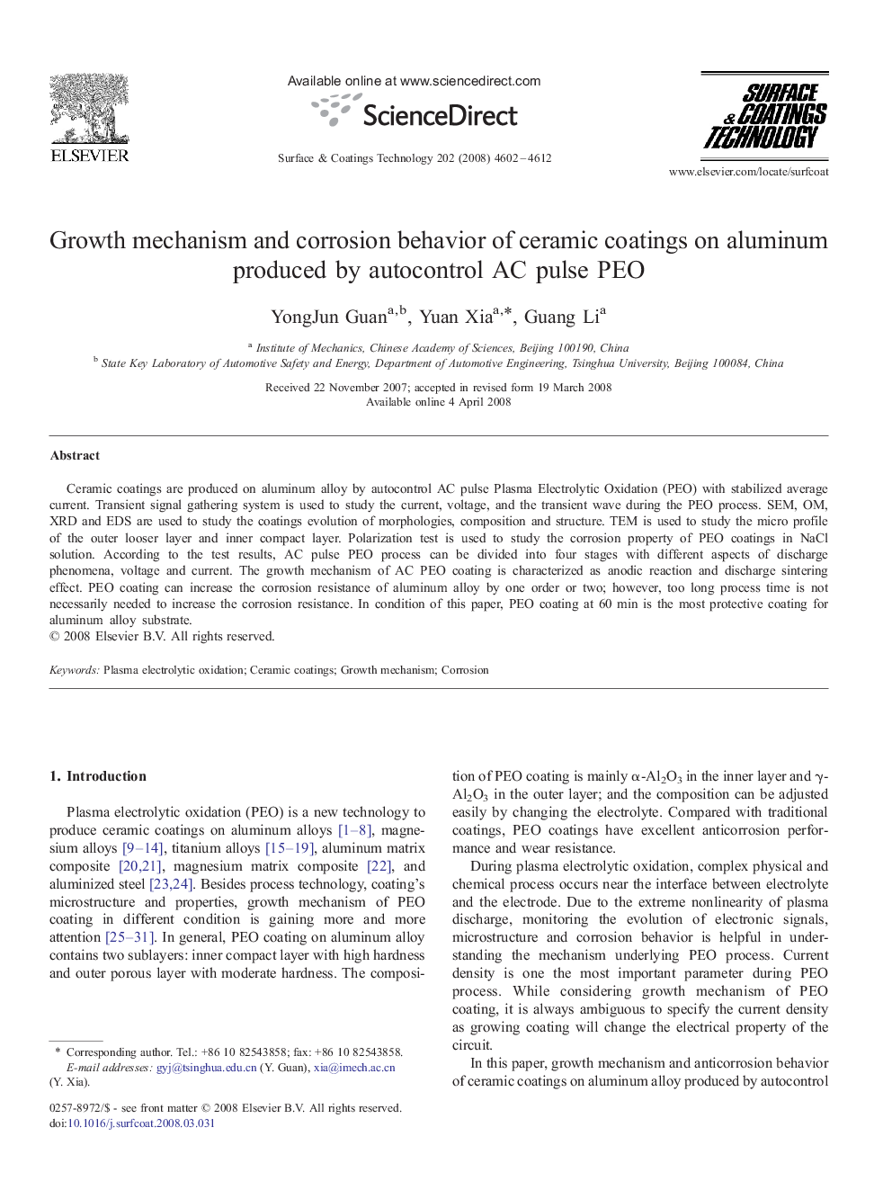 Growth mechanism and corrosion behavior of ceramic coatings on aluminum produced by autocontrol AC pulse PEO