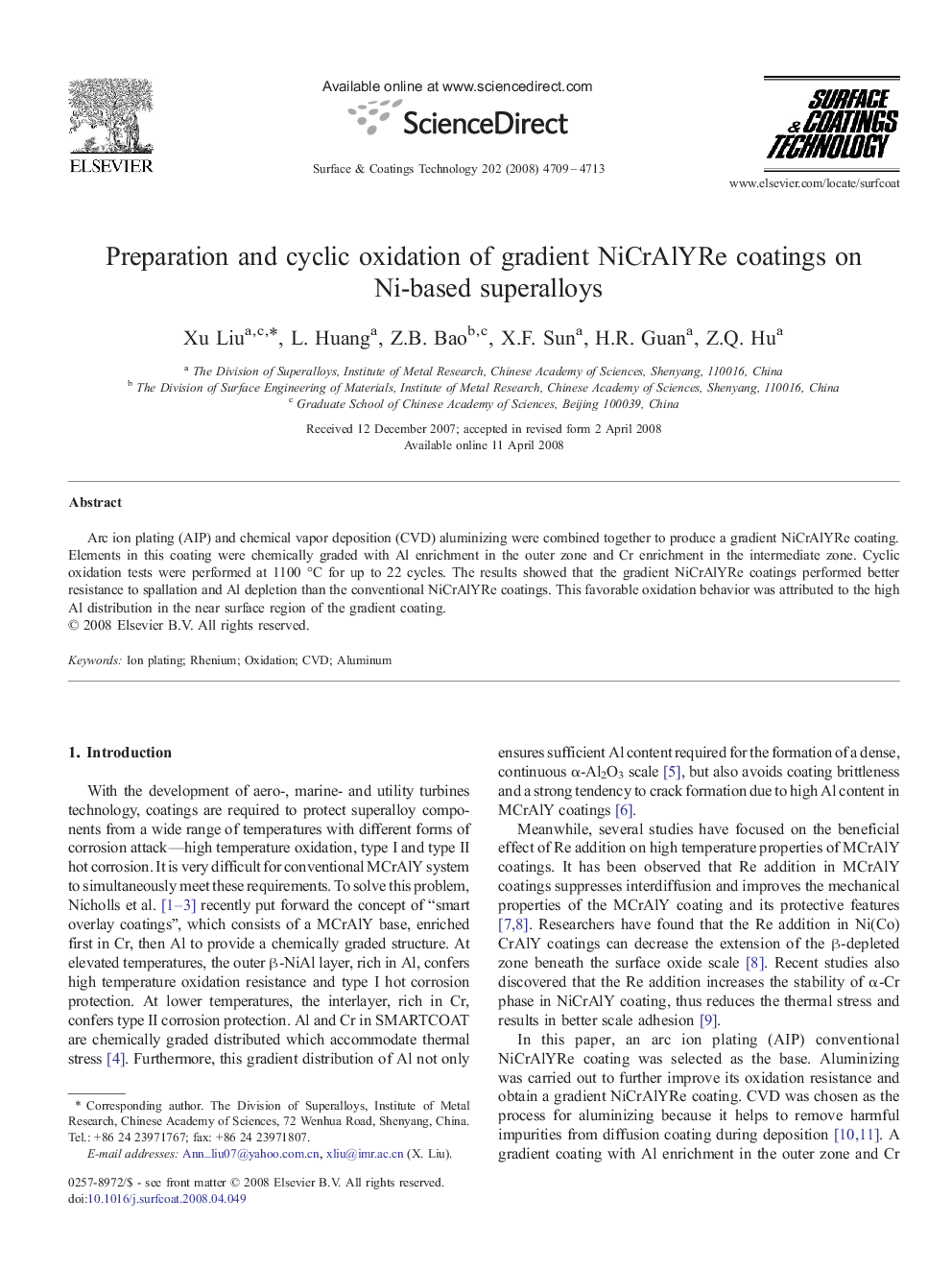 Preparation and cyclic oxidation of gradient NiCrAlYRe coatings on Ni-based superalloys