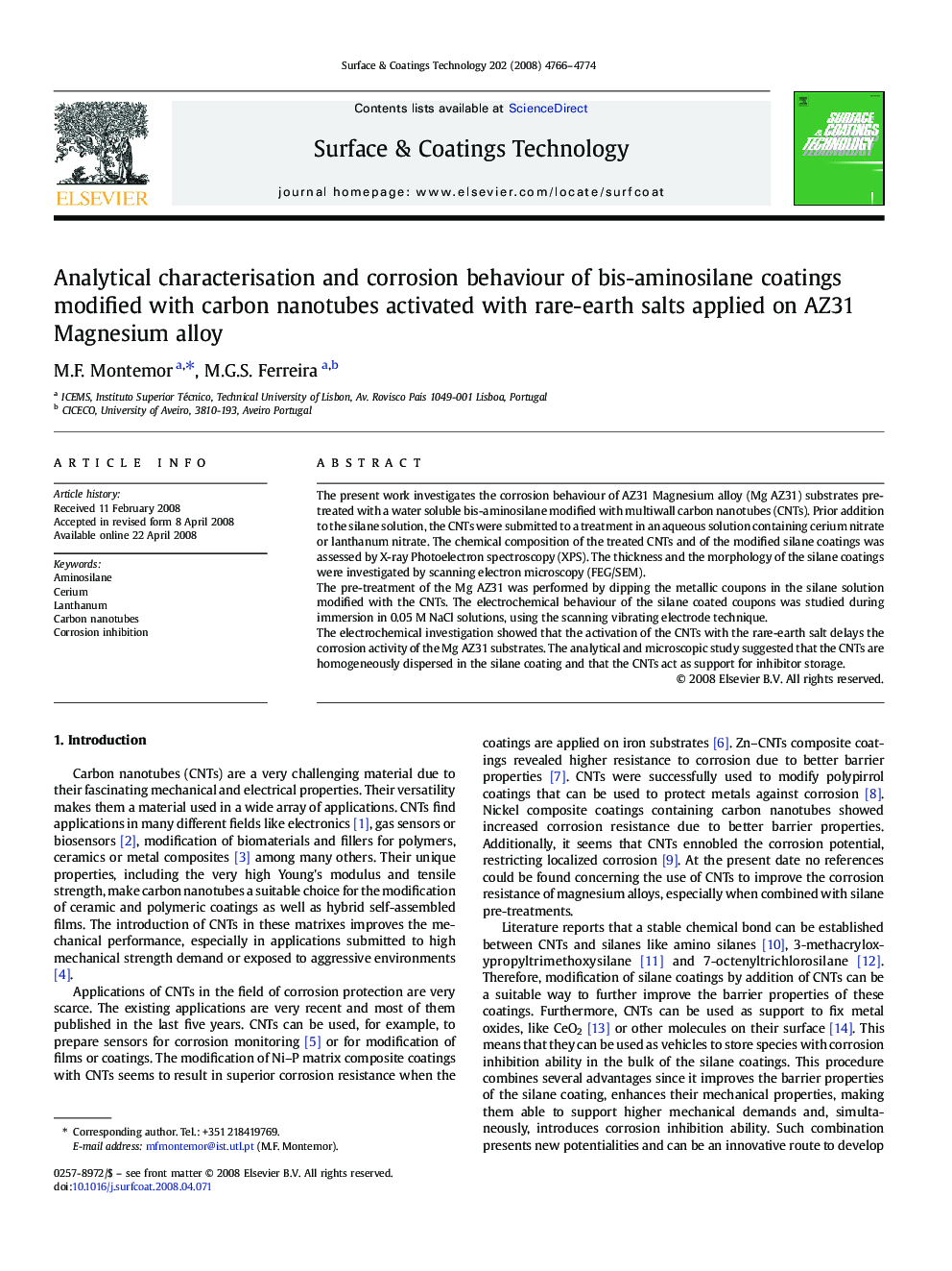 Analytical characterisation and corrosion behaviour of bis-aminosilane coatings modified with carbon nanotubes activated with rare-earth salts applied on AZ31 Magnesium alloy