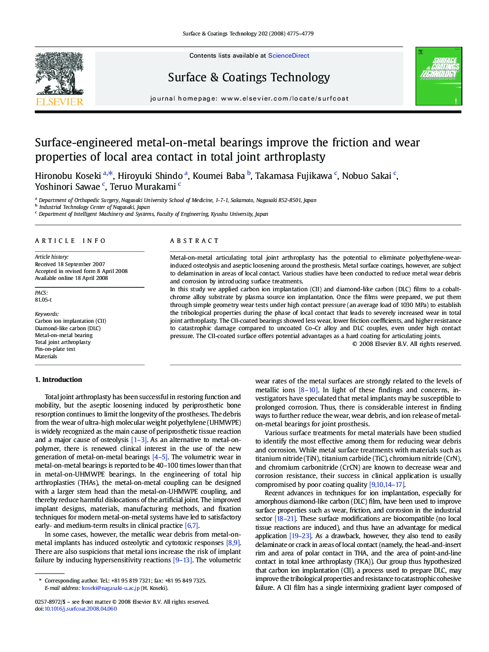 Surface-engineered metal-on-metal bearings improve the friction and wear properties of local area contact in total joint arthroplasty