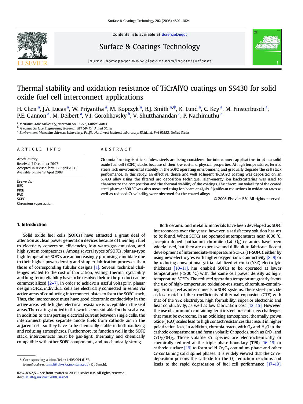 Thermal stability and oxidation resistance of TiCrAlYO coatings on SS430 for solid oxide fuel cell interconnect applications