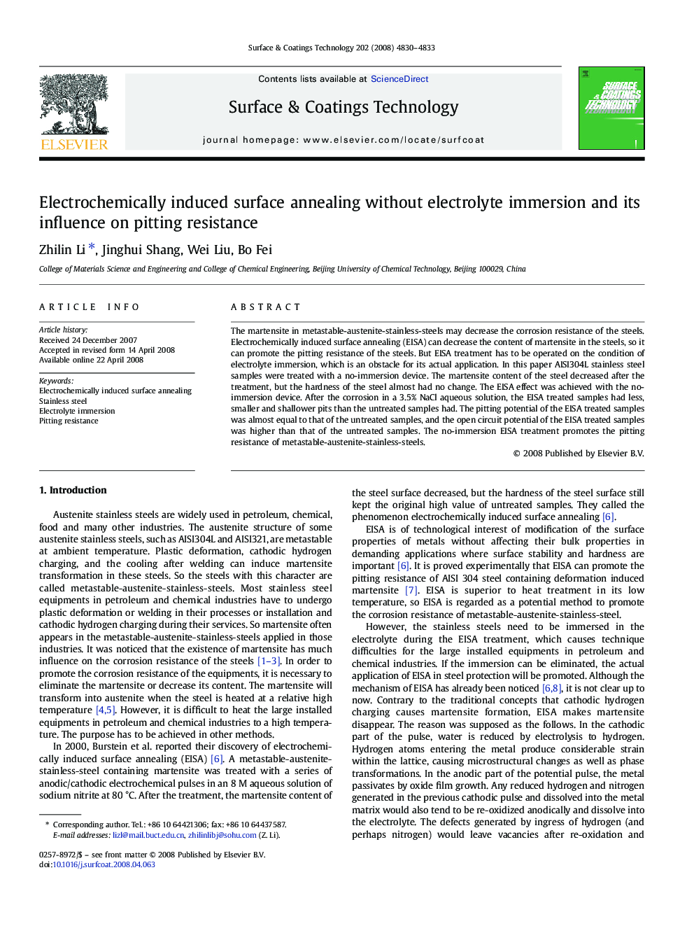 Electrochemically induced surface annealing without electrolyte immersion and its influence on pitting resistance