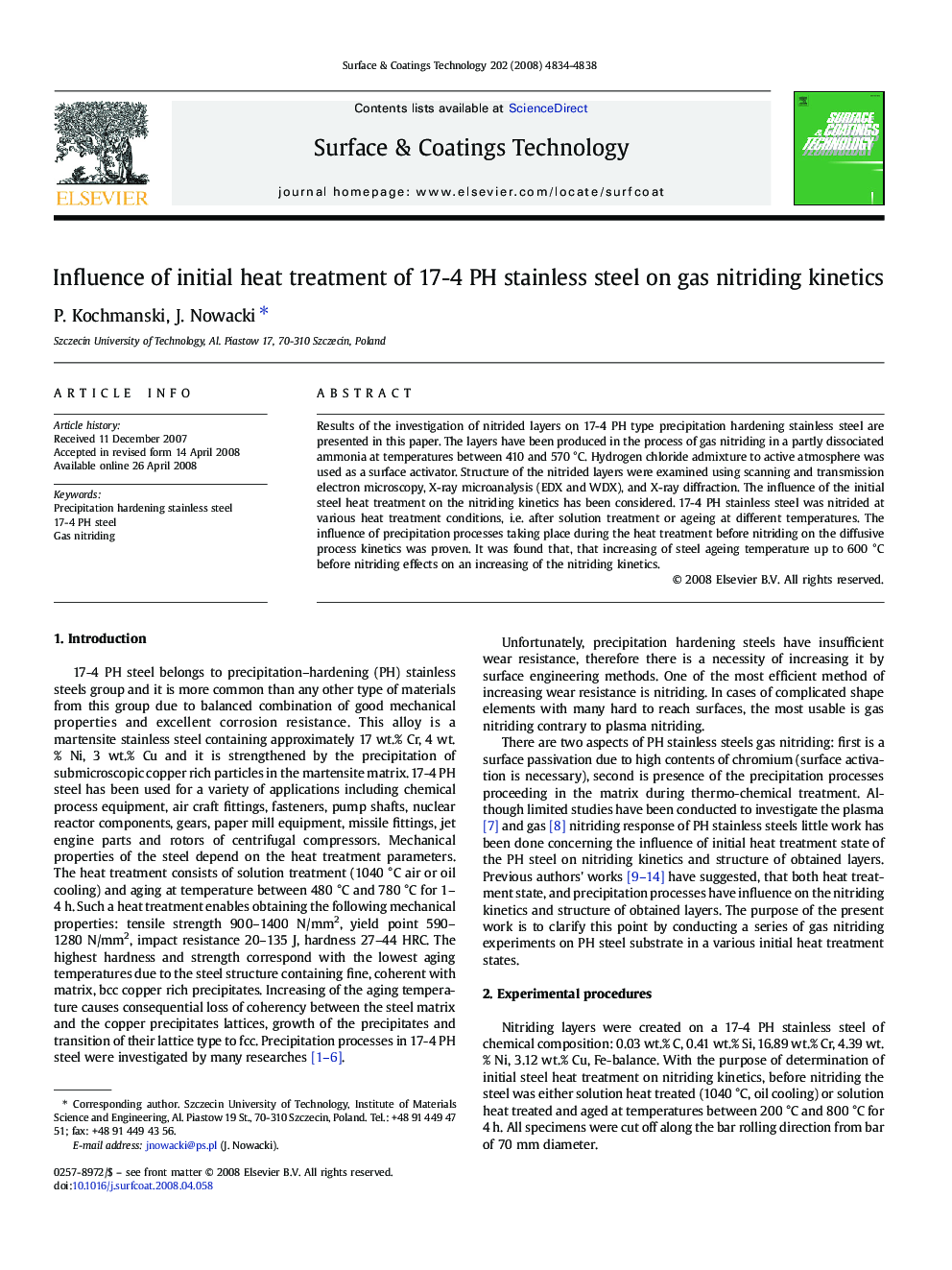 Influence of initial heat treatment of 17-4 PH stainless steel on gas nitriding kinetics