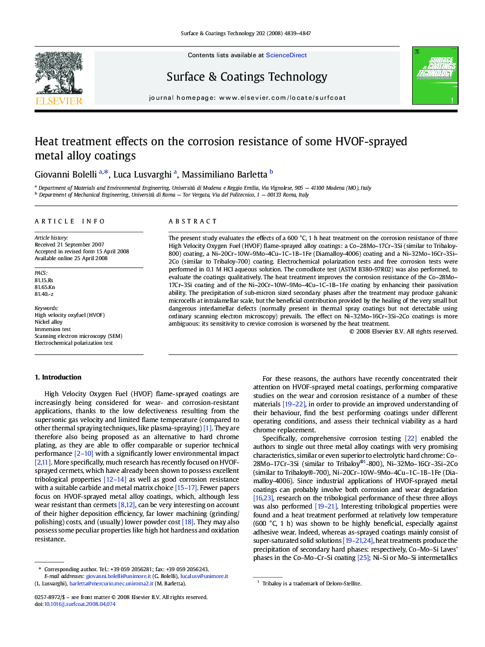 Heat treatment effects on the corrosion resistance of some HVOF-sprayed metal alloy coatings