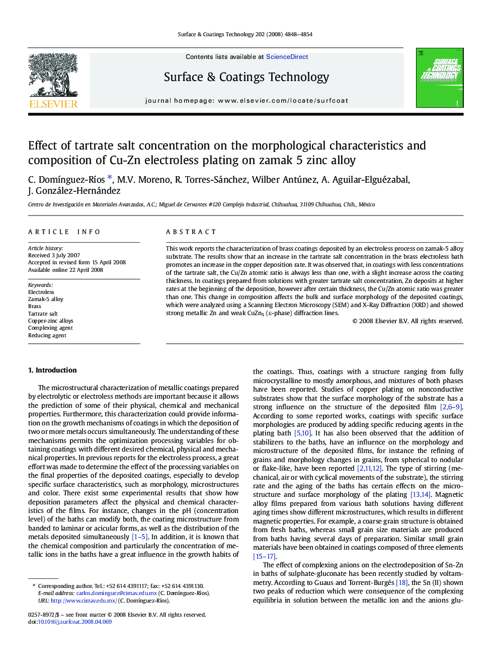 Effect of tartrate salt concentration on the morphological characteristics and composition of Cu-Zn electroless plating on zamak 5 zinc alloy