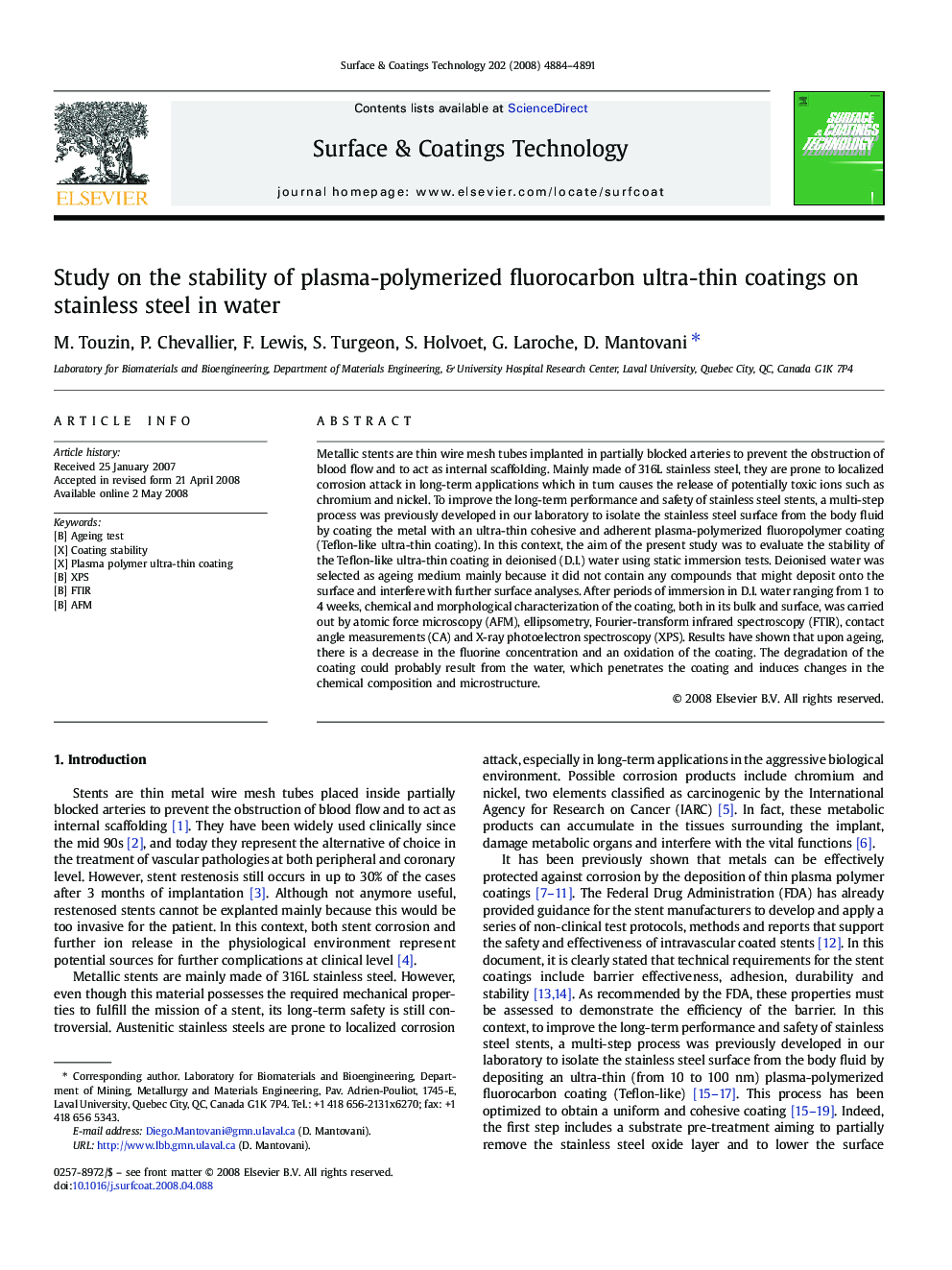 Study on the stability of plasma-polymerized fluorocarbon ultra-thin coatings on stainless steel in water
