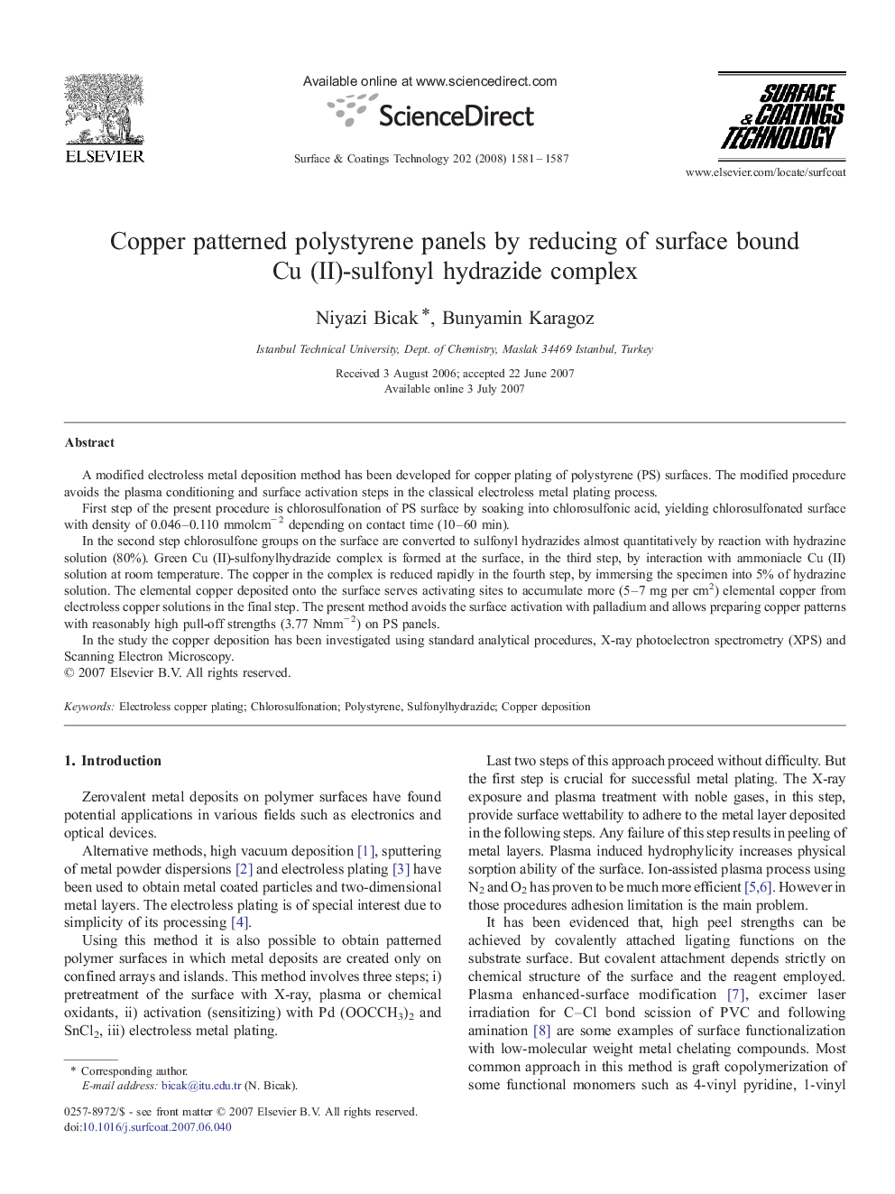 Copper patterned polystyrene panels by reducing of surface bound Cu (II)-sulfonyl hydrazide complex