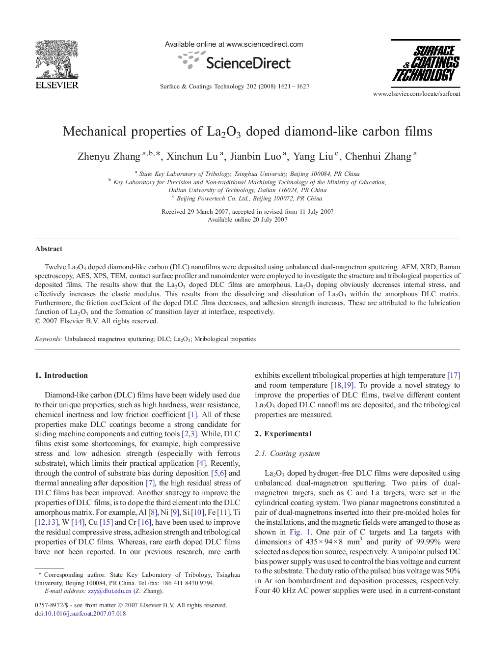 Mechanical properties of La2O3 doped diamond-like carbon films