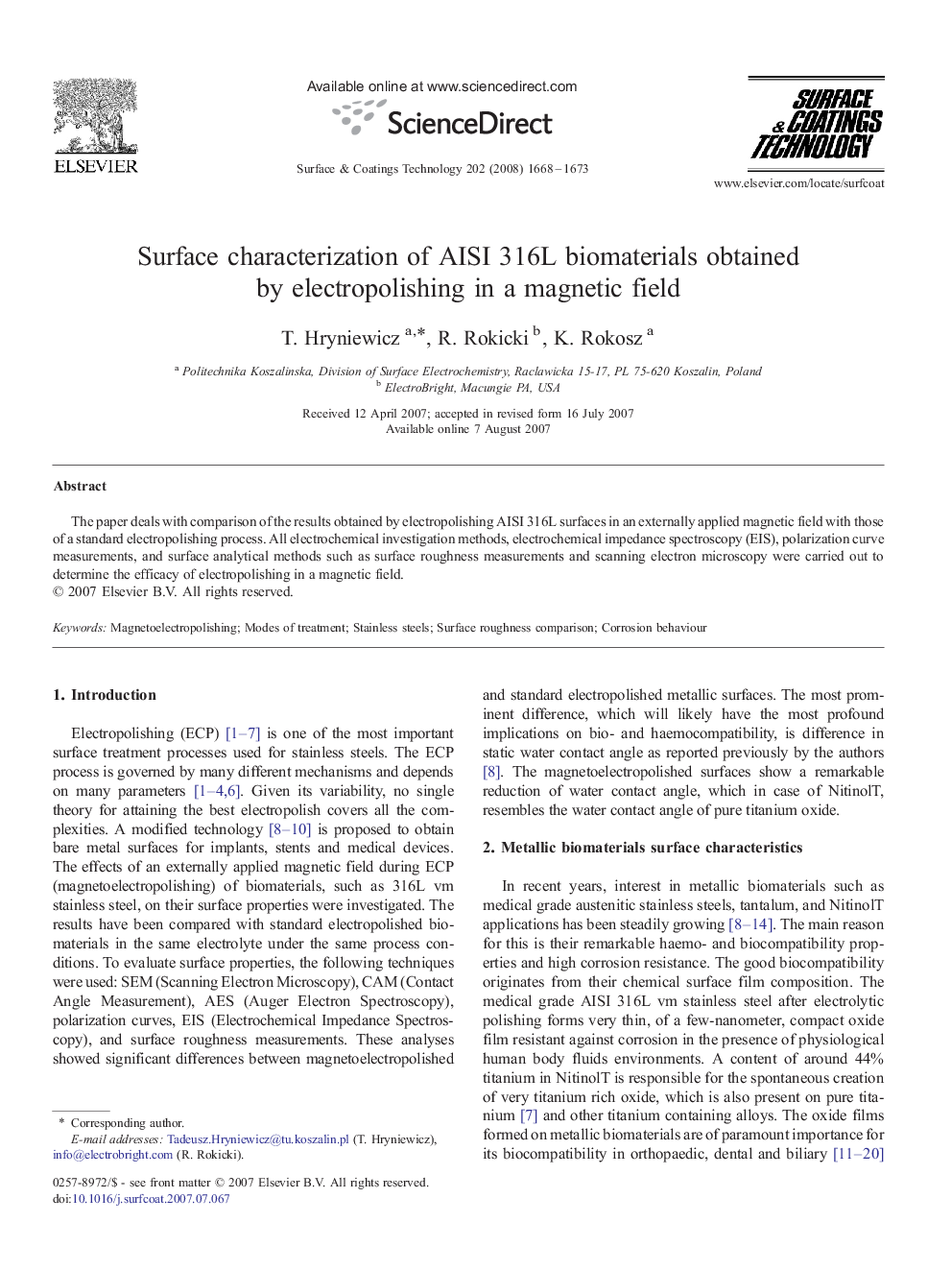 Surface characterization of AISI 316L biomaterials obtained by electropolishing in a magnetic field