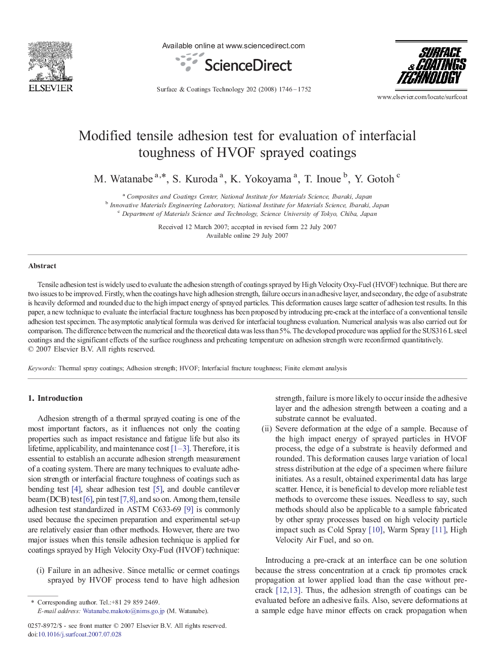 Modified tensile adhesion test for evaluation of interfacial toughness of HVOF sprayed coatings