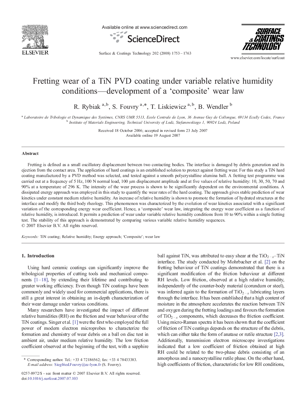 Fretting wear of a TiN PVD coating under variable relative humidity conditions—development of a ‘composite’ wear law