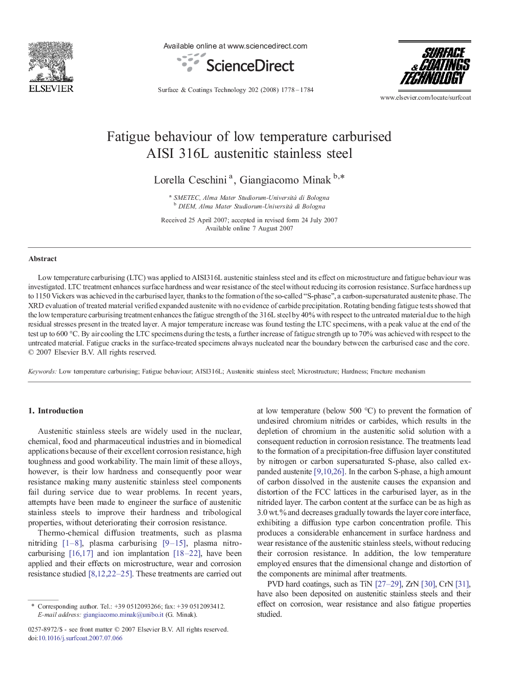 Fatigue behaviour of low temperature carburised AISI 316L austenitic stainless steel