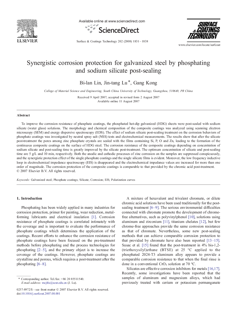 Synergistic corrosion protection for galvanized steel by phosphating and sodium silicate post-sealing