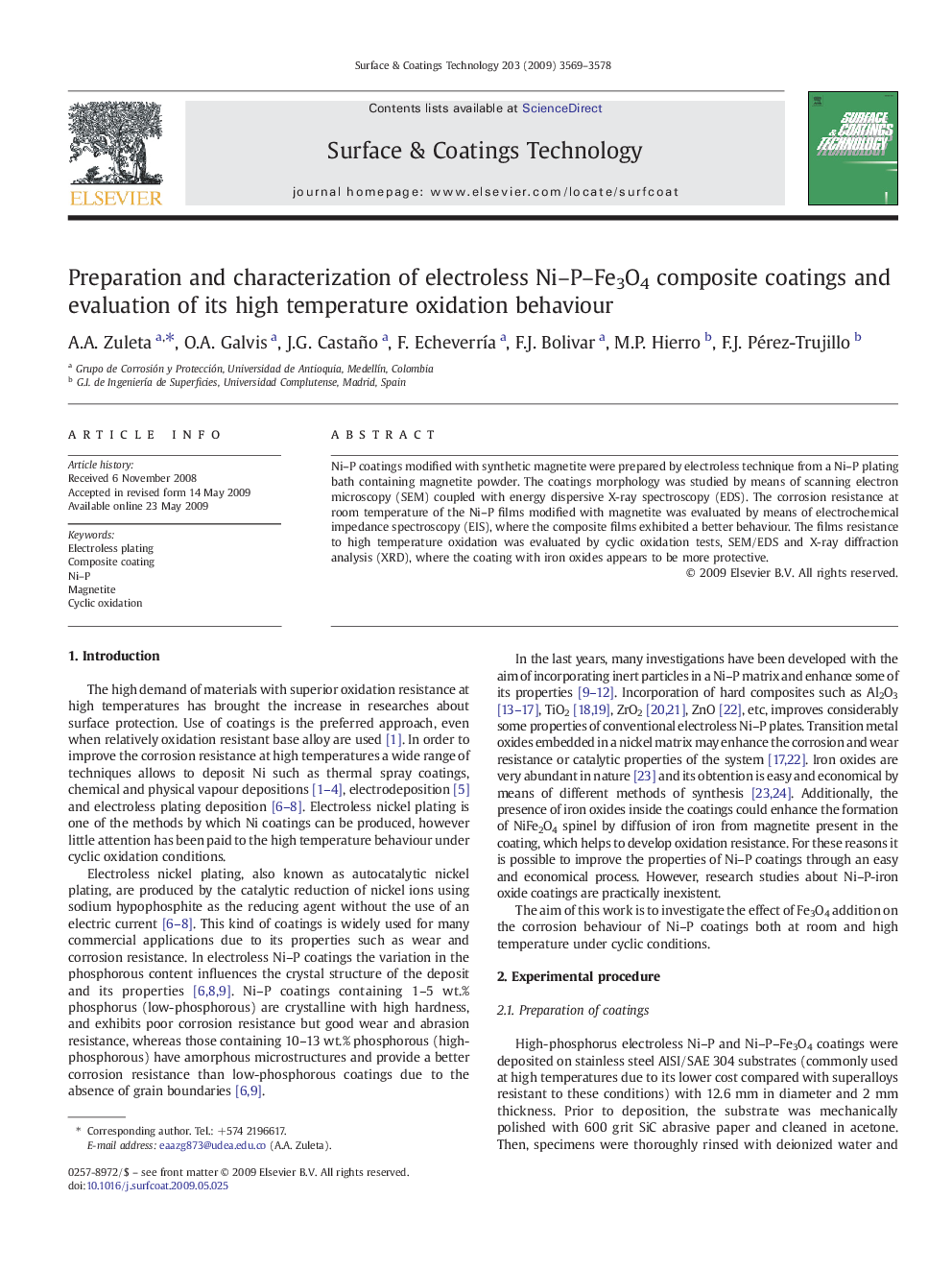 Preparation and characterization of electroless Ni–P–Fe3O4 composite coatings and evaluation of its high temperature oxidation behaviour