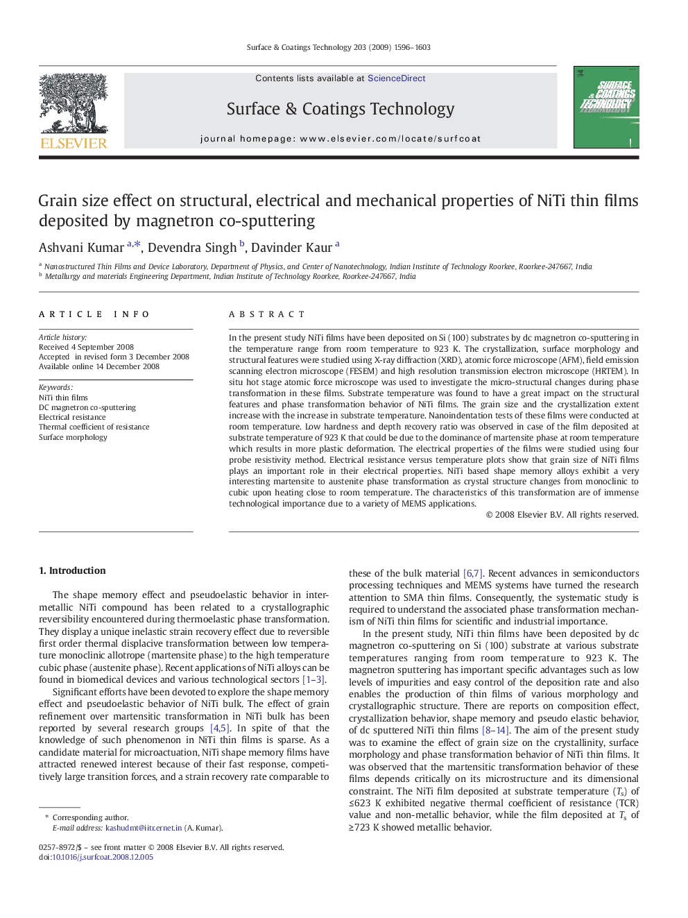 عکس صفحه اول مقاله: Grain size effect on structural, electrical and mechanical properties of NiTi thin films deposited by magnetron co-sputtering Grain size effect on structural, electrical and mechanical properties of NiTi thin films deposited by magnetron co-sputtering