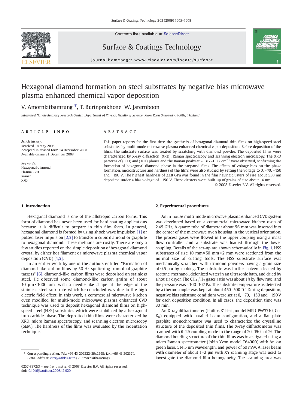 Hexagonal diamond formation on steel substrates by negative bias microwave plasma enhanced chemical vapor deposition