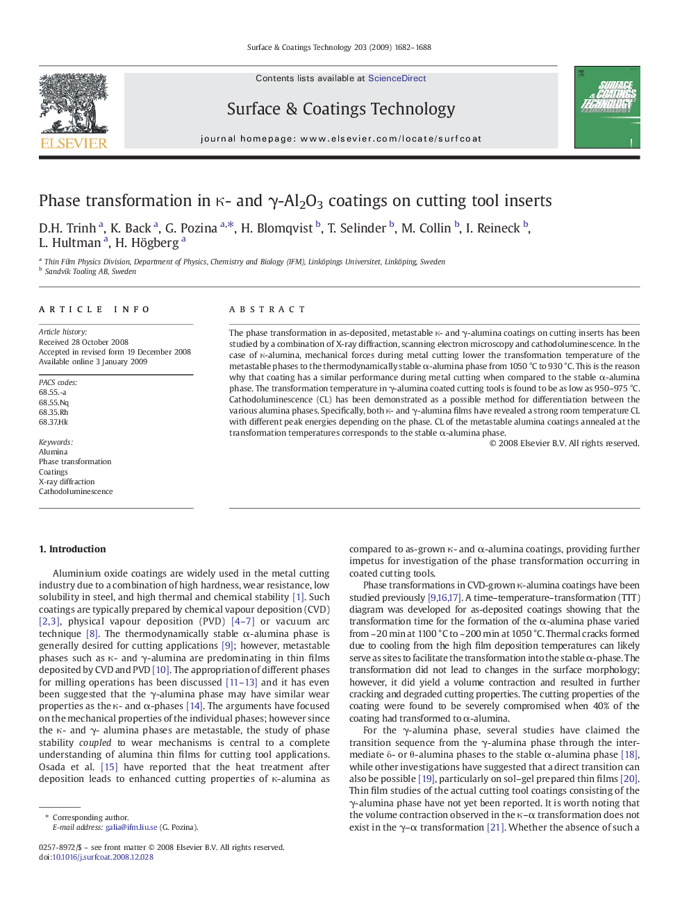 Phase transformation in κ- and γ-Al2O3 coatings on cutting tool inserts