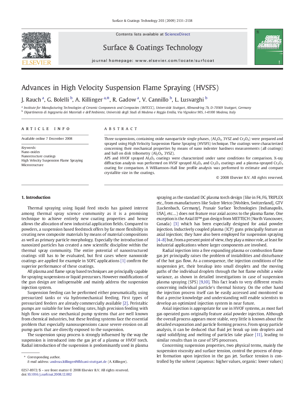 Advances in High Velocity Suspension Flame Spraying (HVSFS)