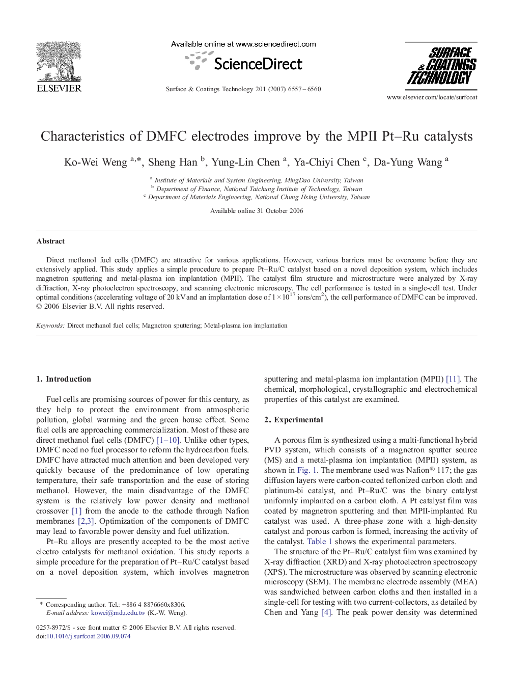 Characteristics of DMFC electrodes improve by the MPII Pt–Ru catalysts