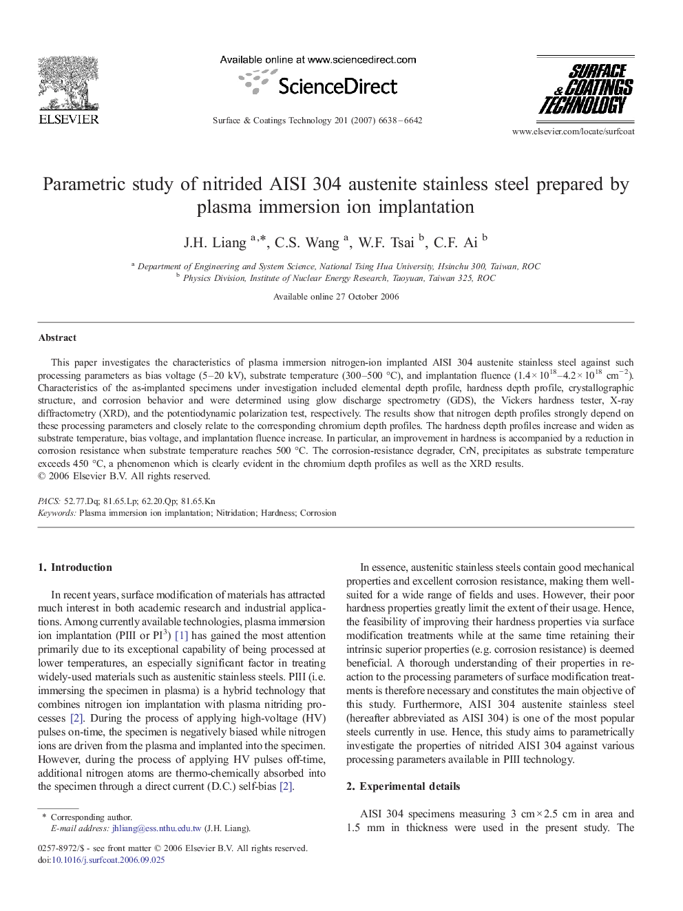 Parametric study of nitrided AISI 304 austenite stainless steel prepared by plasma immersion ion implantation