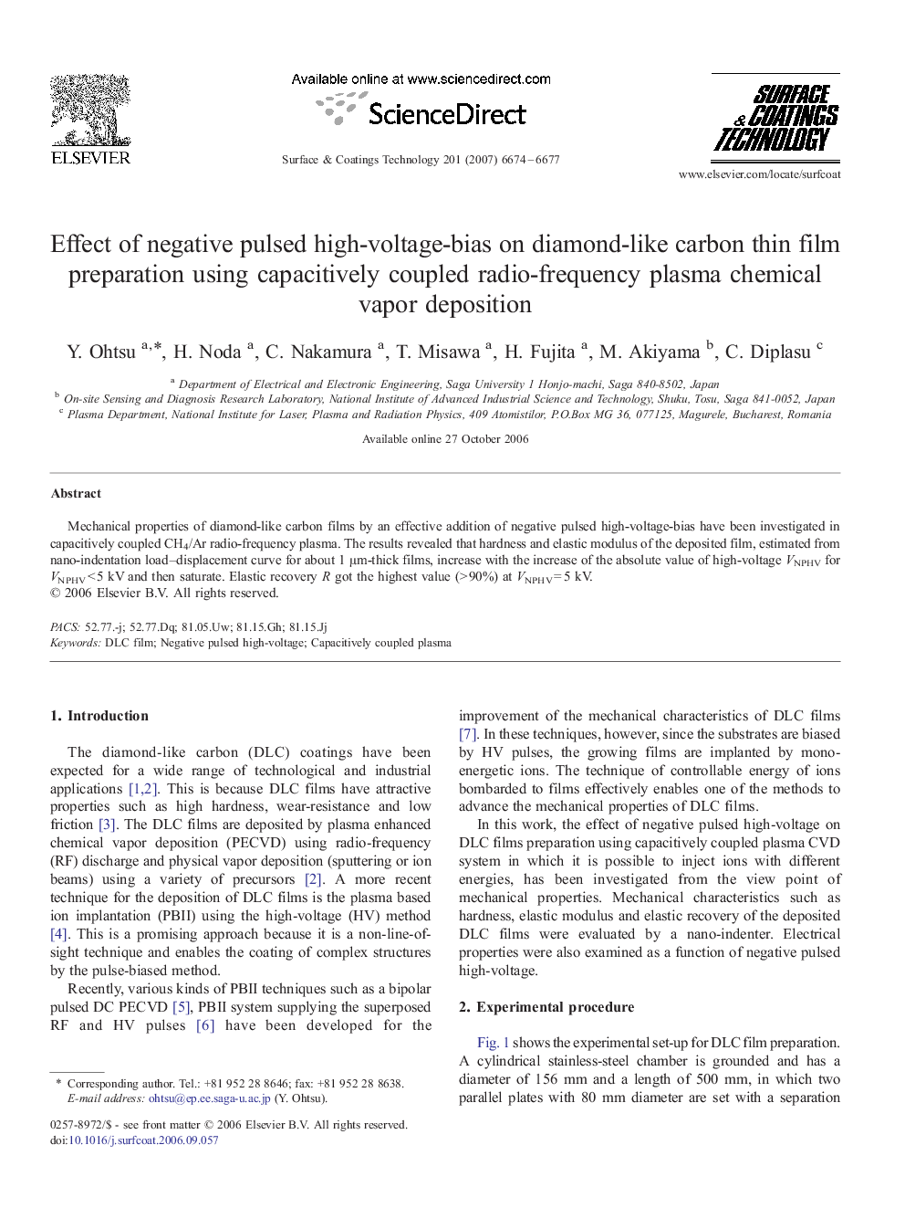 Effect of negative pulsed high-voltage-bias on diamond-like carbon thin film preparation using capacitively coupled radio-frequency plasma chemical vapor deposition