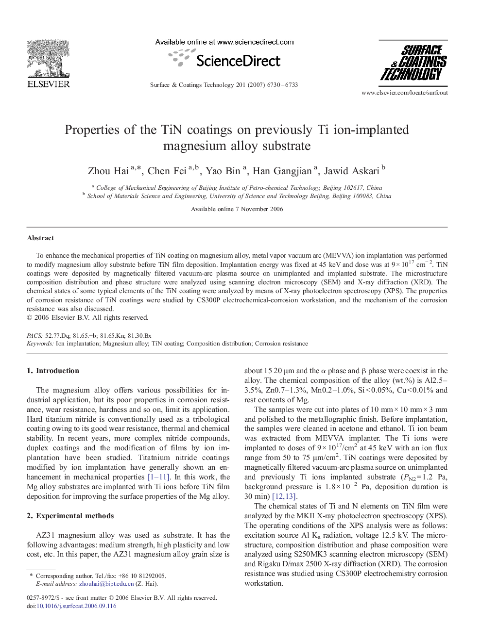 Properties of the TiN coatings on previously Ti ion-implanted magnesium alloy substrate